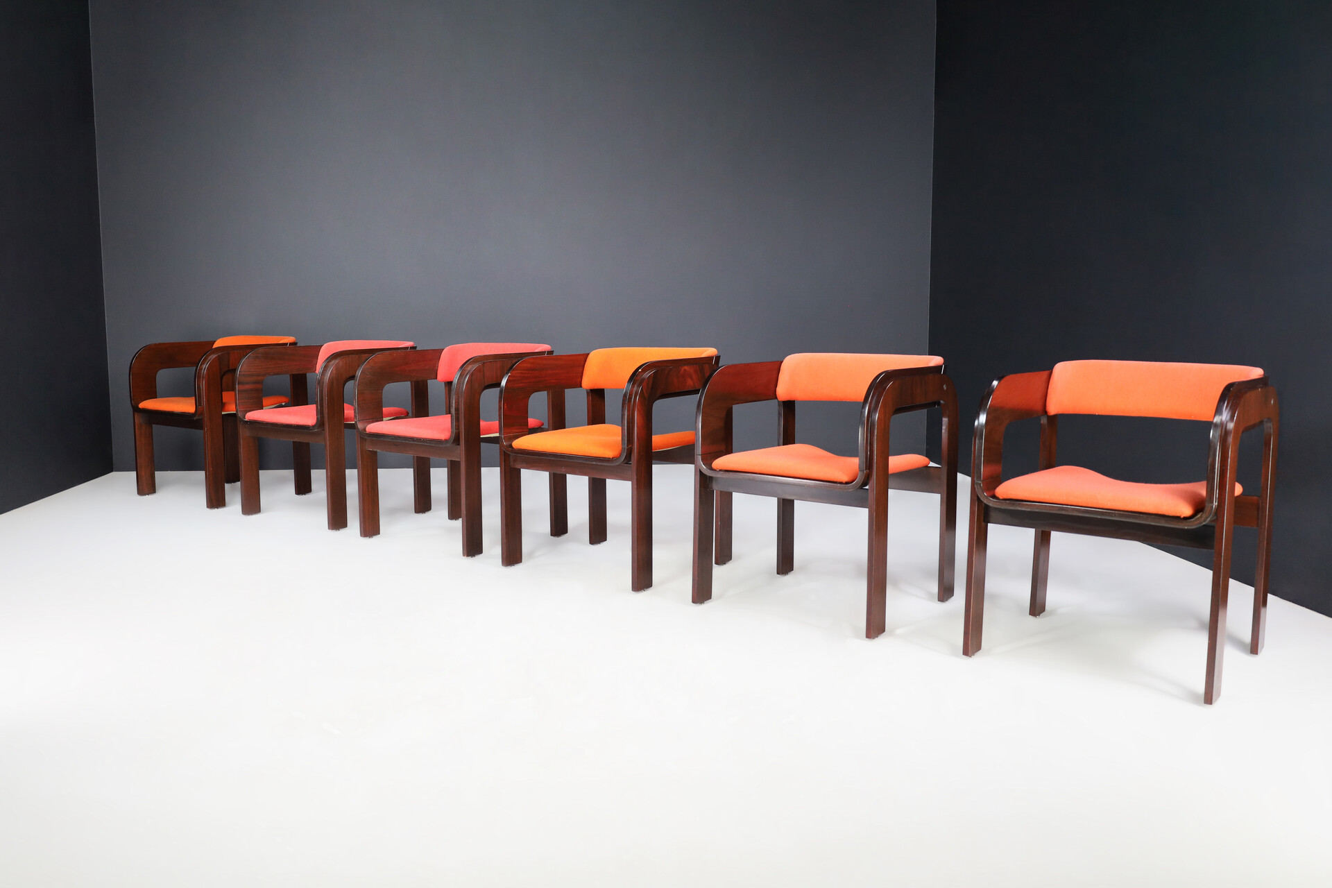 Mid century modern Gae Aulenti Armchairs in walnut and red- orange upholstery , italy 1960s Mid-20th century