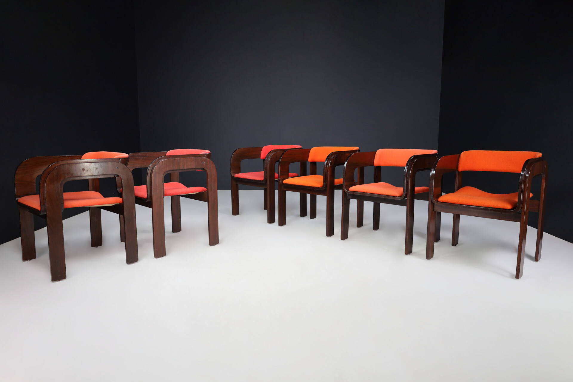 Mid century modern Gae Aulenti Armchairs in walnut and red- orange upholstery , italy 1960s Mid-20th century