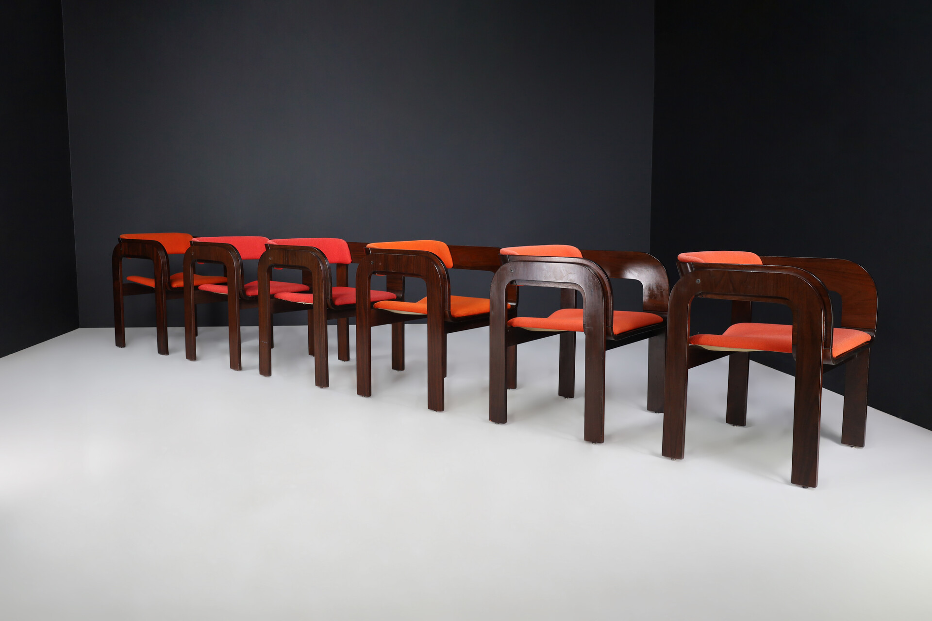 Mid century modern Gae Aulenti Armchairs in walnut and red- orange upholstery , italy 1960s Mid-20th century