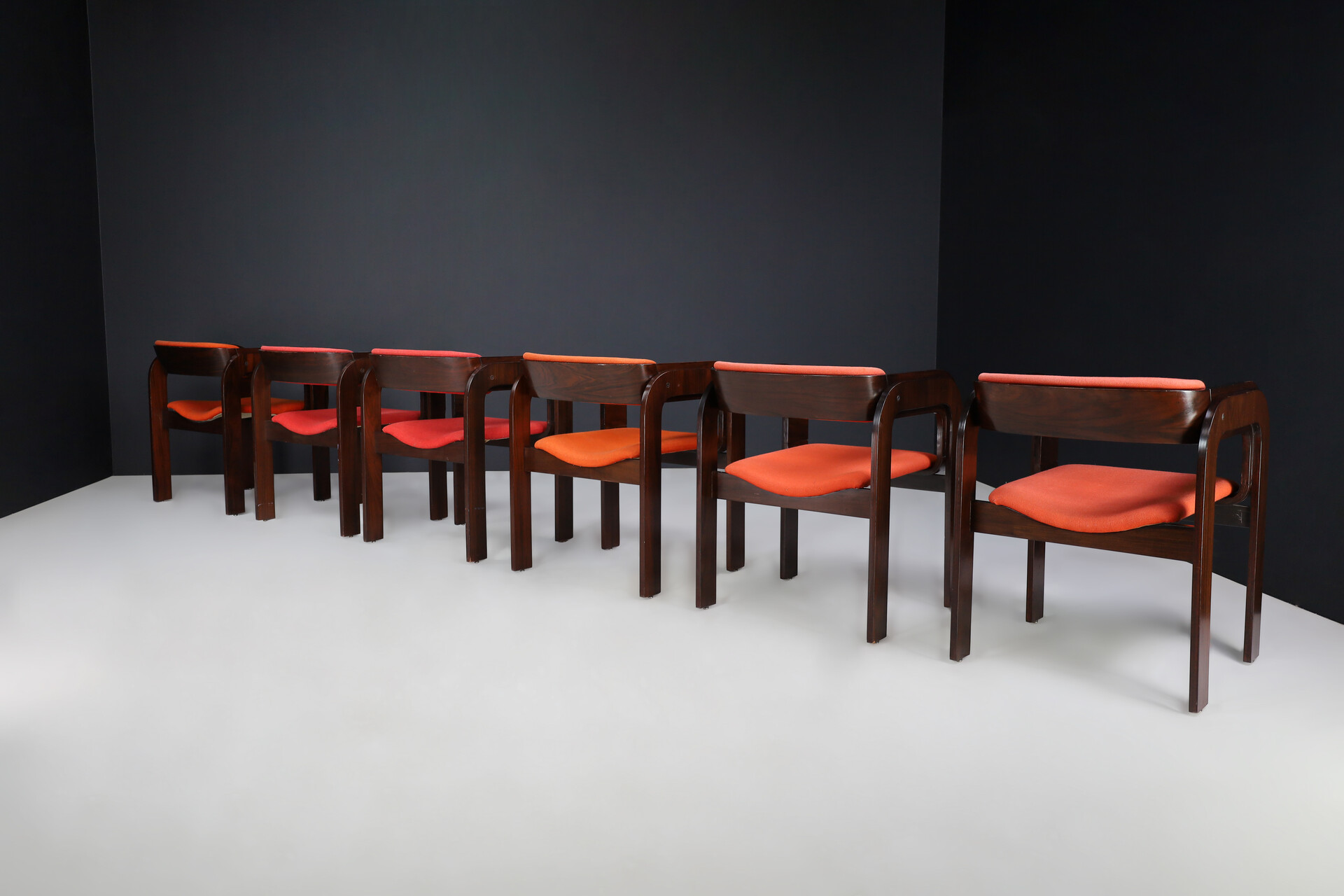 Mid century modern Gae Aulenti Armchairs in walnut and red- orange upholstery , italy 1960s Mid-20th century