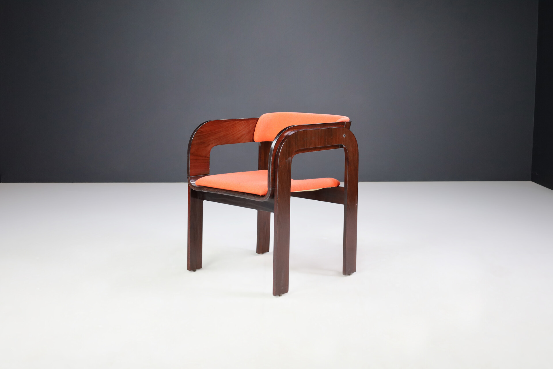 Mid century modern Gae Aulenti Armchairs in walnut and red- orange upholstery , italy 1960s Mid-20th century