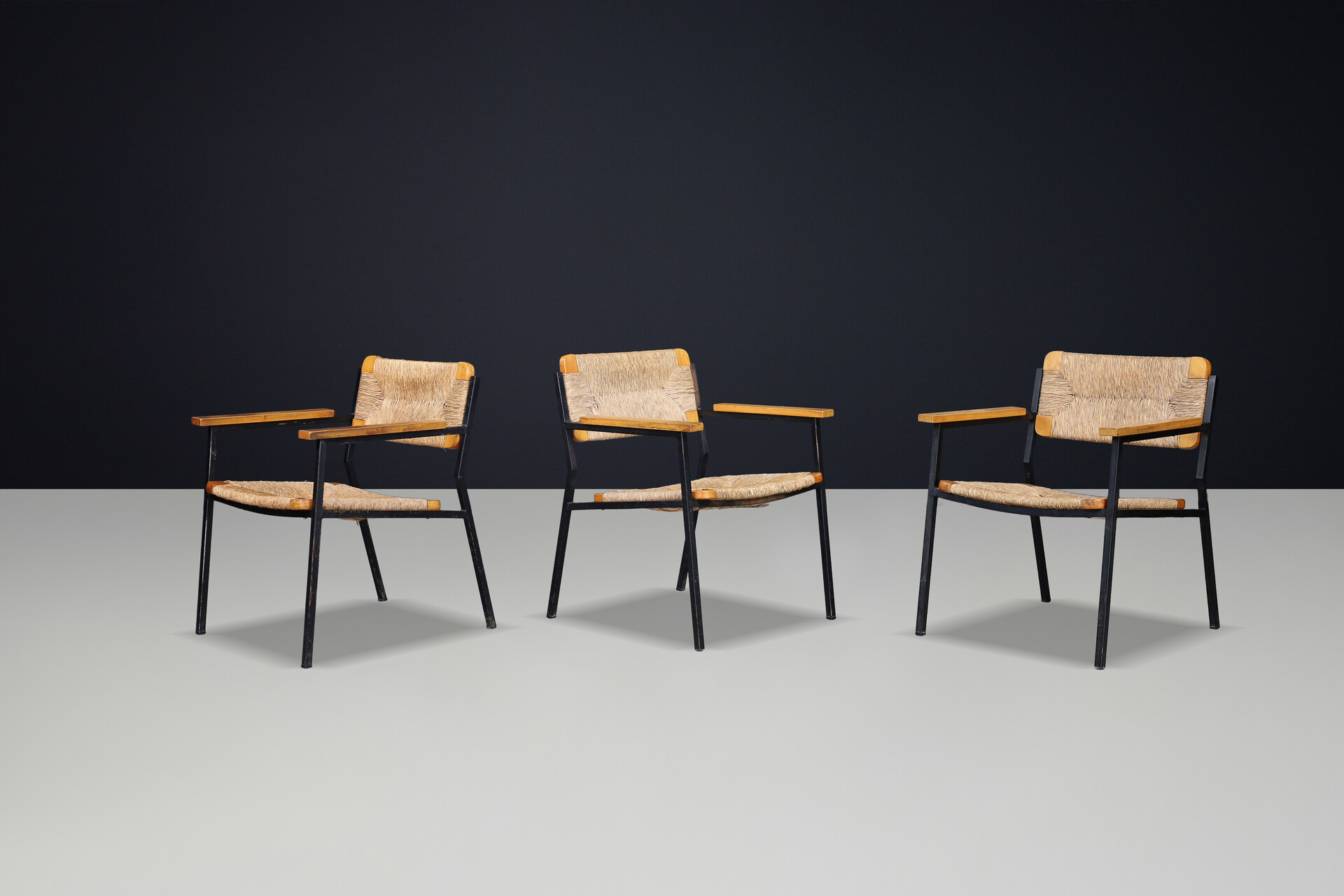Mid century modern Gijs van de sluis wicker, wood and metal armchairs, The Netherlands  1970 Late-20th century