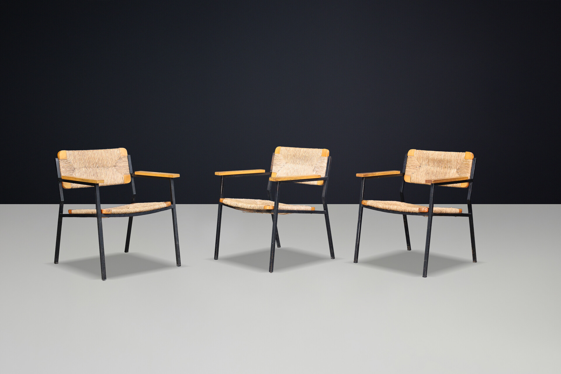 Mid century modern Gijs van de sluis wicker, wood and metal armchairs, The Netherlands  1970 Late-20th century