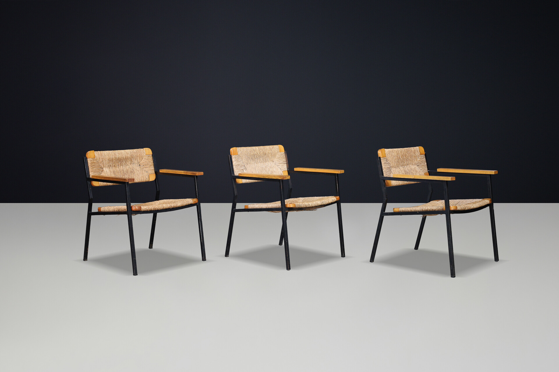 Mid century modern Gijs van de sluis wicker, wood and metal armchairs, The Netherlands  1970 Late-20th century