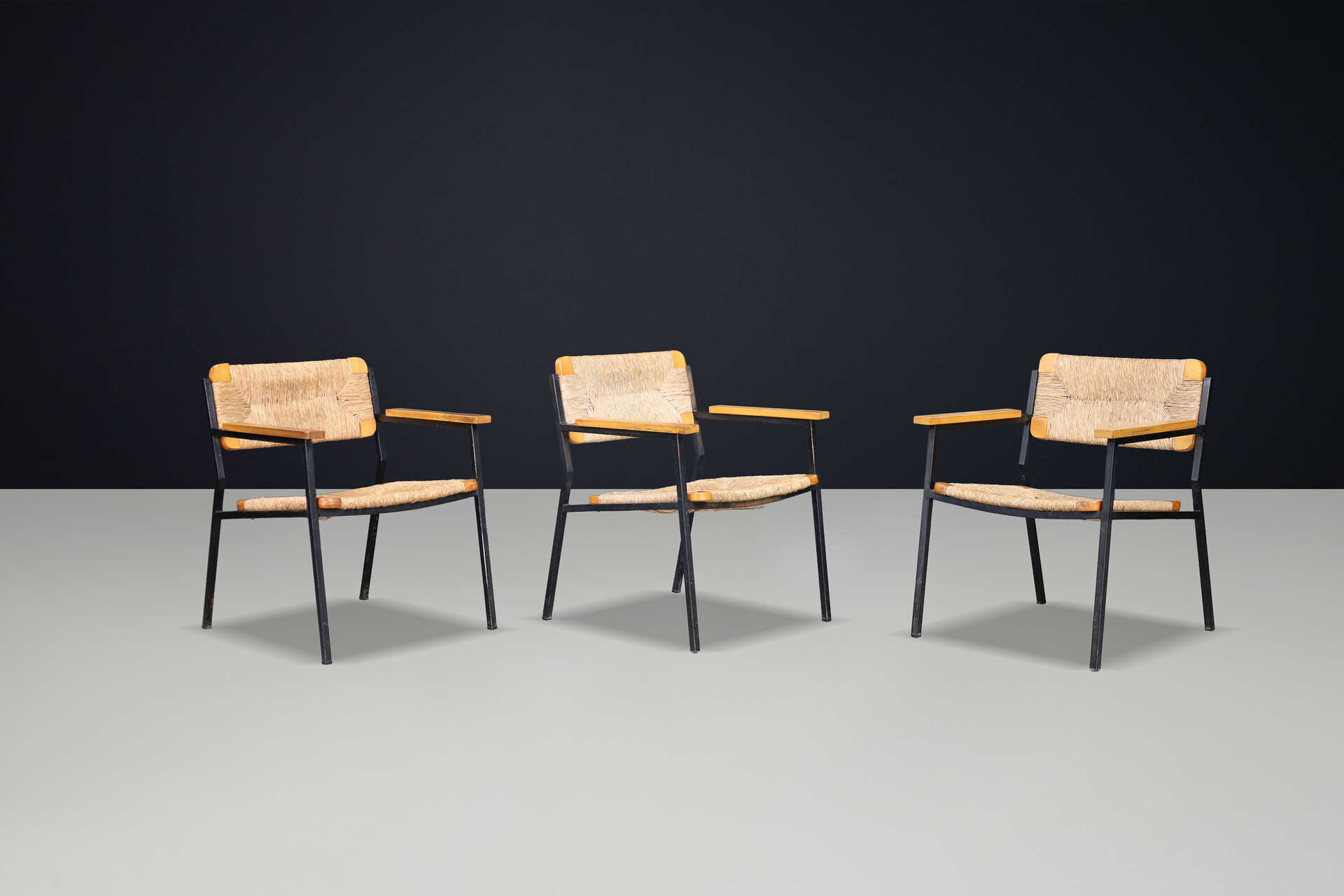 Mid century modern Gijs van de sluis wicker, wood and metal armchairs, The Netherlands  1970 Late-20th century