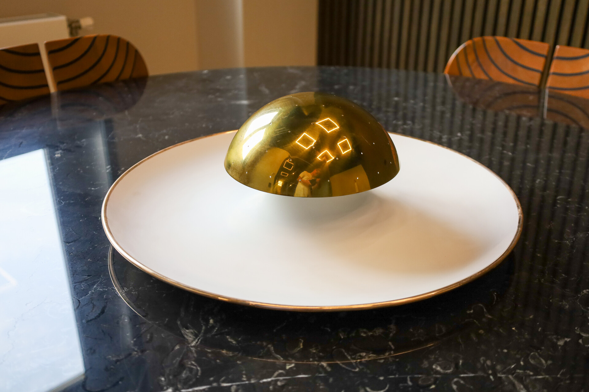 Mid century modern Gino Sarfatti Model 155 Ceiling Lamp for Arteluce, Italy, 1950, Brass & White Mid-20th century