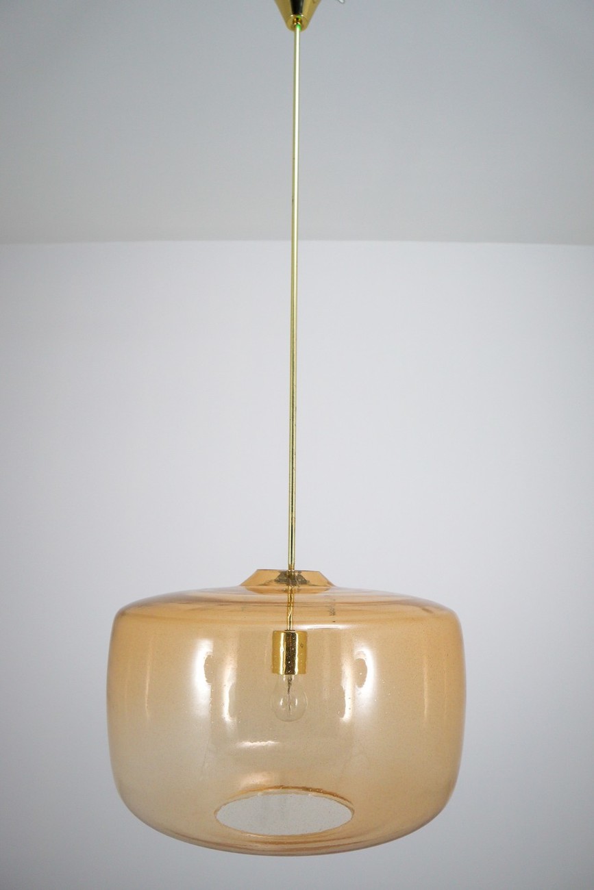 Mid century modern Glass Large Modern Pendants in Amber Hand Blown Colored Glass and Brass, Europe, 1970s Mid-20th century