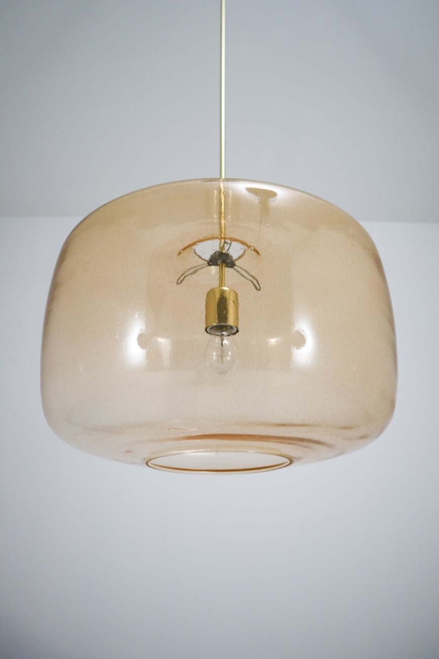 Mid century modern Glass Large Modern Pendants in Amber Hand Blown Colored Glass and Brass, Europe, 1970s Mid-20th century