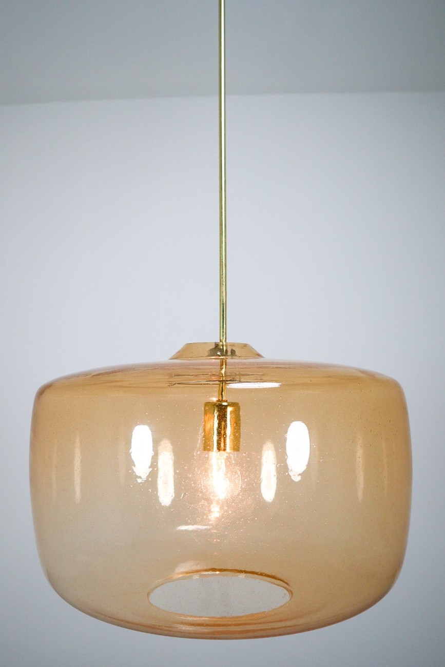 Mid century modern Glass Large Modern Pendants in Amber Hand Blown Colored Glass and Brass, Europe, 1970s Mid-20th century