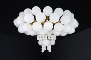 Mid century modern Grande hotel chandelier with brass fixture and hand-blowed frosted glass globes by Preciosa, Czechia 1960s Mid-20th century