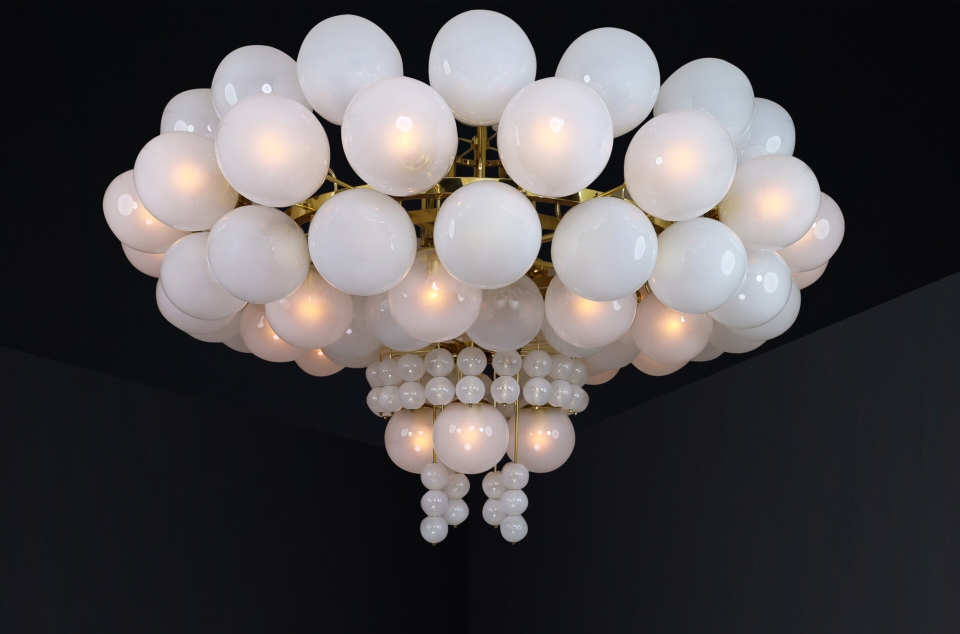Mid century modern Grande hotel chandelier with brass fixture and hand-blowed frosted glass globes by Preciosa, Czechia 1960s Mid-20th century
