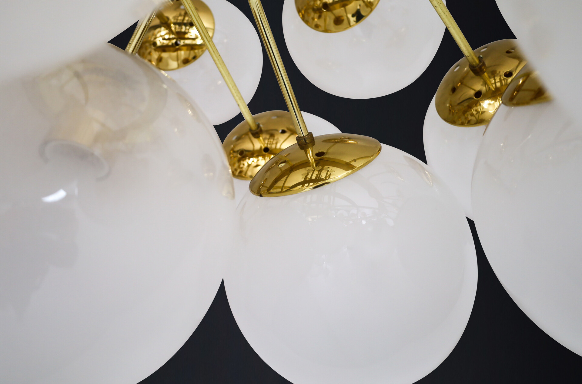Mid century modern Grande hotel chandelier with brass fixture and hand-blowed frosted glass globes by Preciosa, Czechia 1960s Mid-20th century