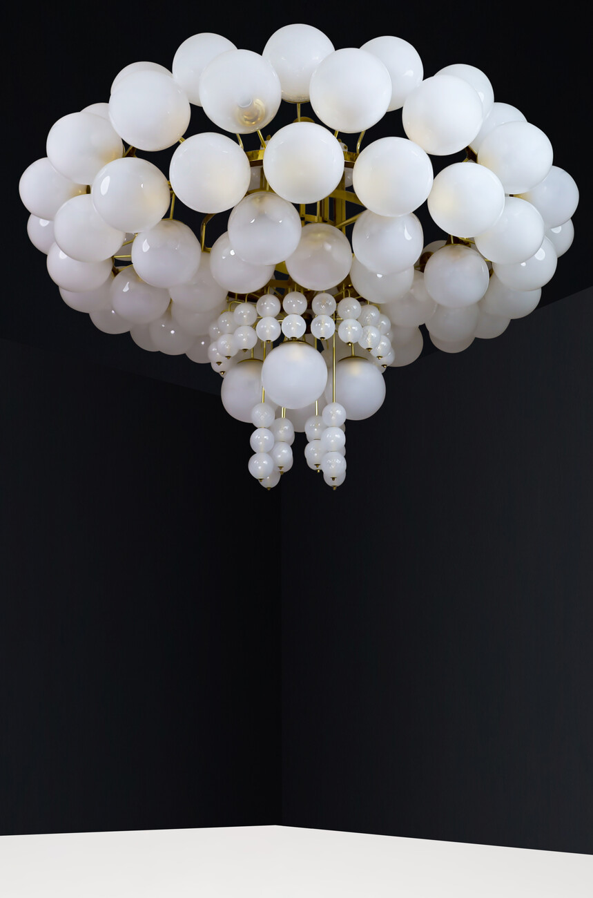 Mid century modern Grande hotel chandelier with brass fixture and hand-blowed frosted glass globes by Preciosa, Czechia 1960s Mid-20th century