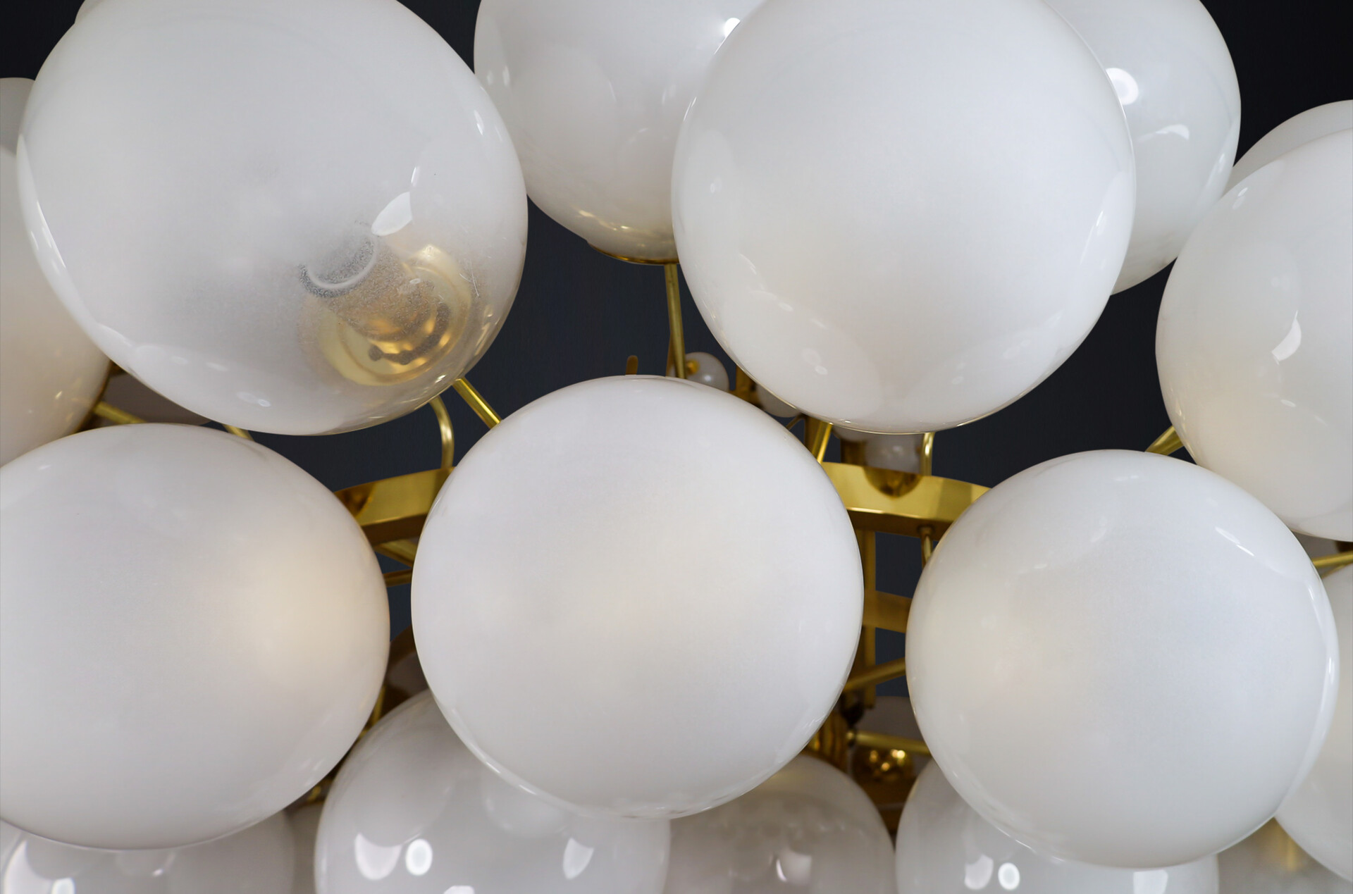 Mid century modern Grande hotel chandelier with brass fixture and hand-blowed frosted glass globes by Preciosa, Czechia 1960s Mid-20th century