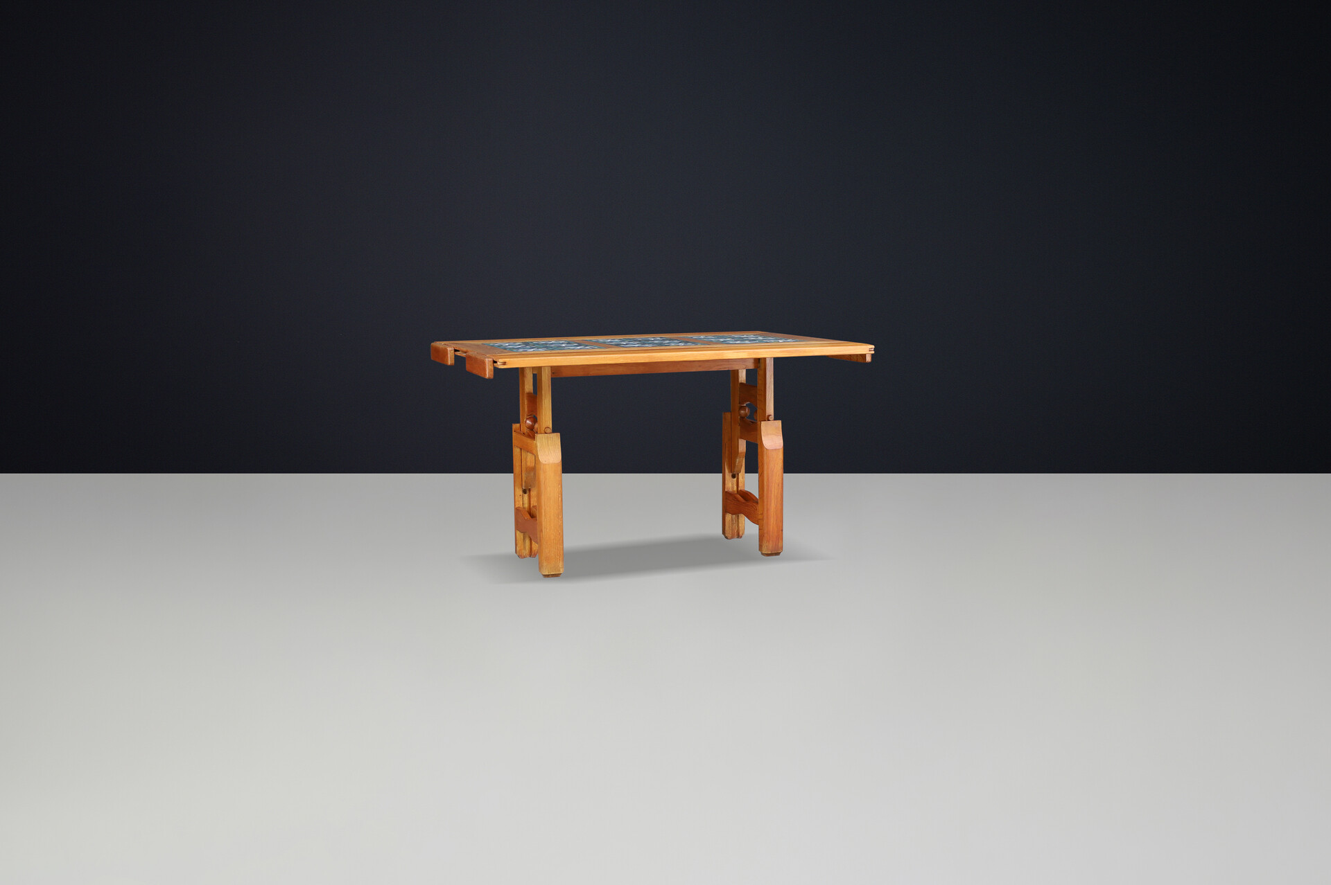 Mid century modern Guillerme et Chambron Oak and Tile Table with Extensions, France, 1960 Mid-20th century
