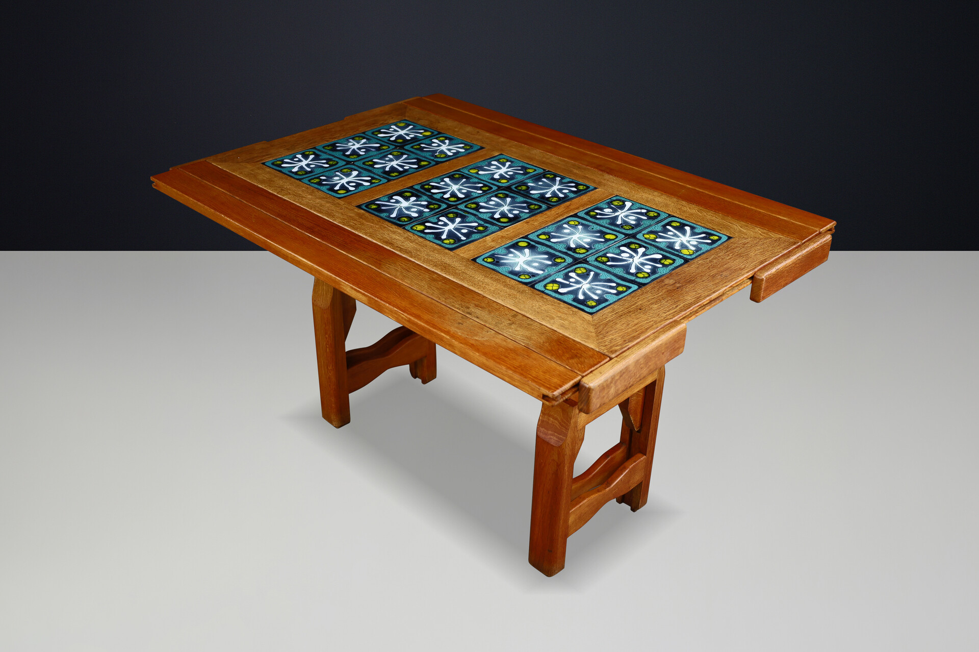 Mid century modern Guillerme et Chambron Oak and Tile Table with Extensions, France, 1960 Mid-20th century
