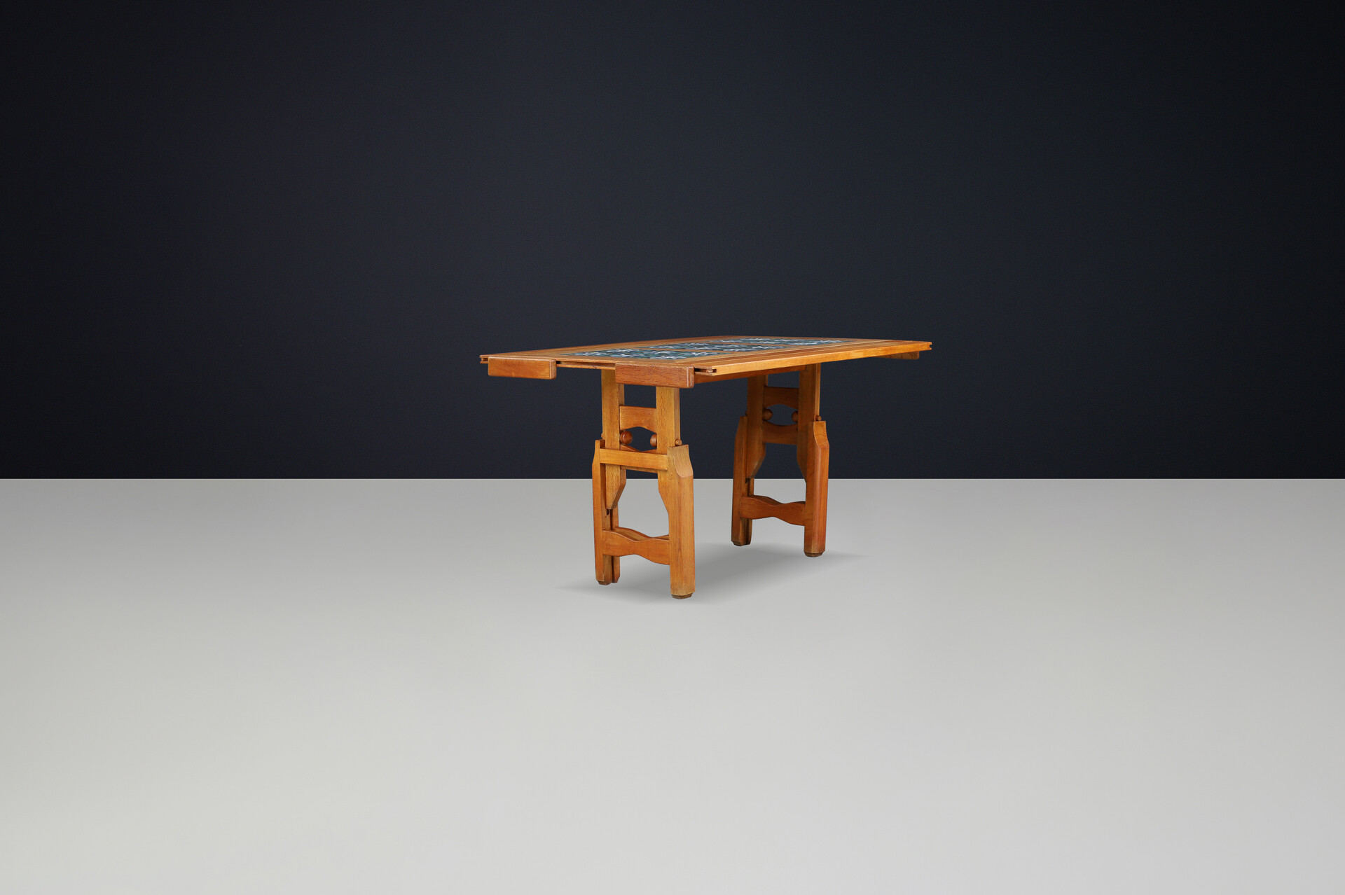 Mid century modern Guillerme et Chambron Oak and Tile Table with Extensions, France, 1960 Mid-20th century