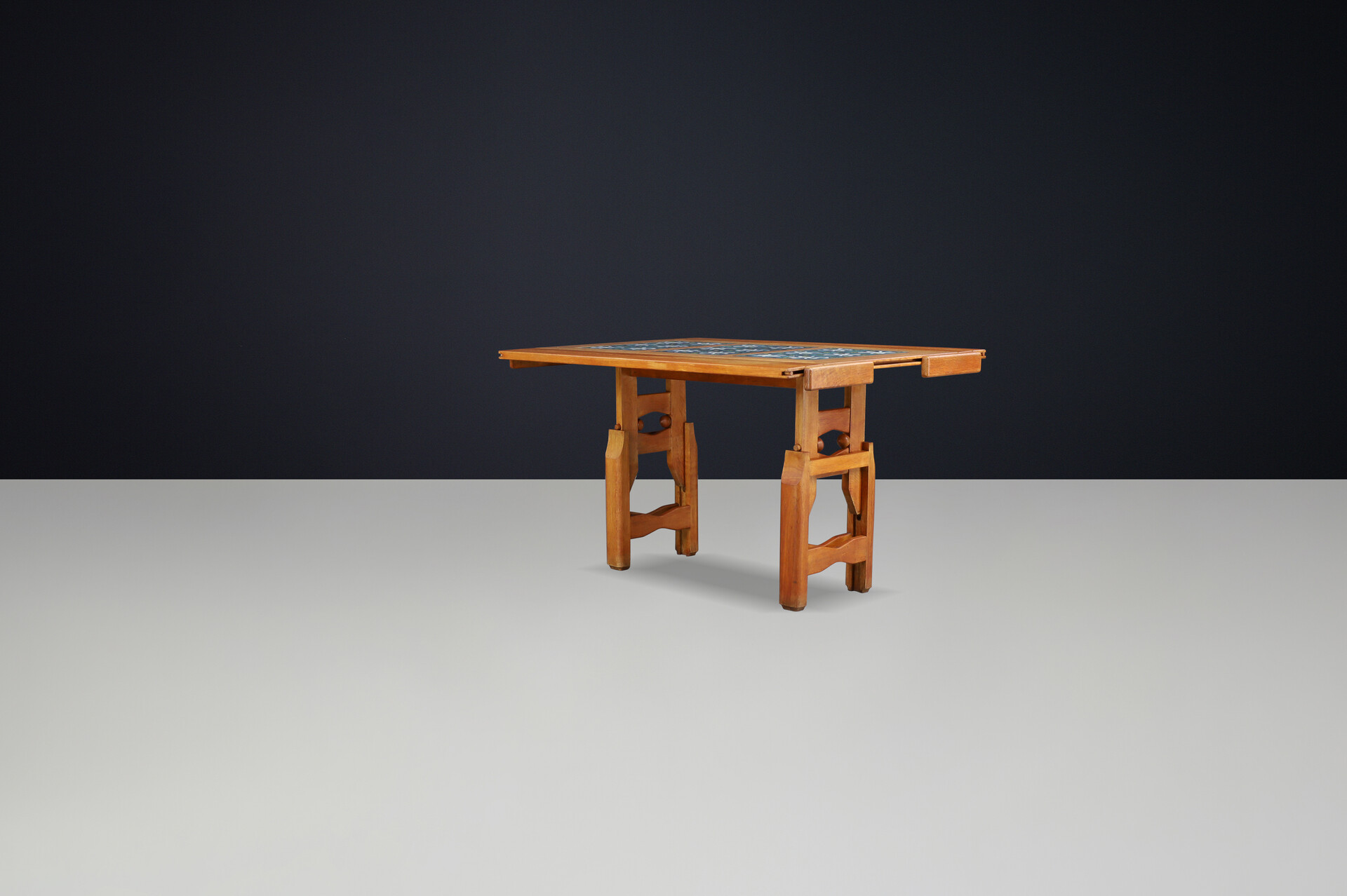 Mid century modern Guillerme et Chambron Oak and Tile Table with Extensions, France, 1960 Mid-20th century