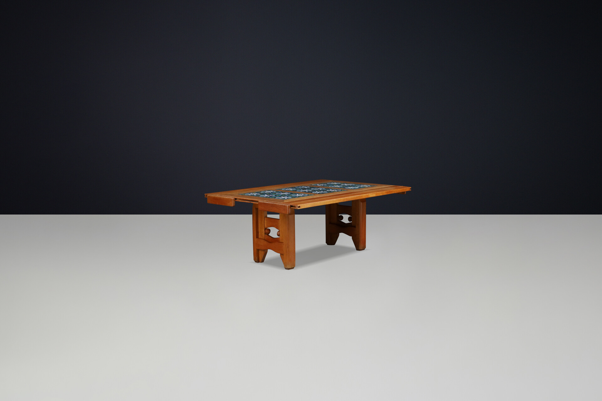 Mid century modern Guillerme et Chambron Oak and Tile Table with Extensions, France, 1960 Mid-20th century