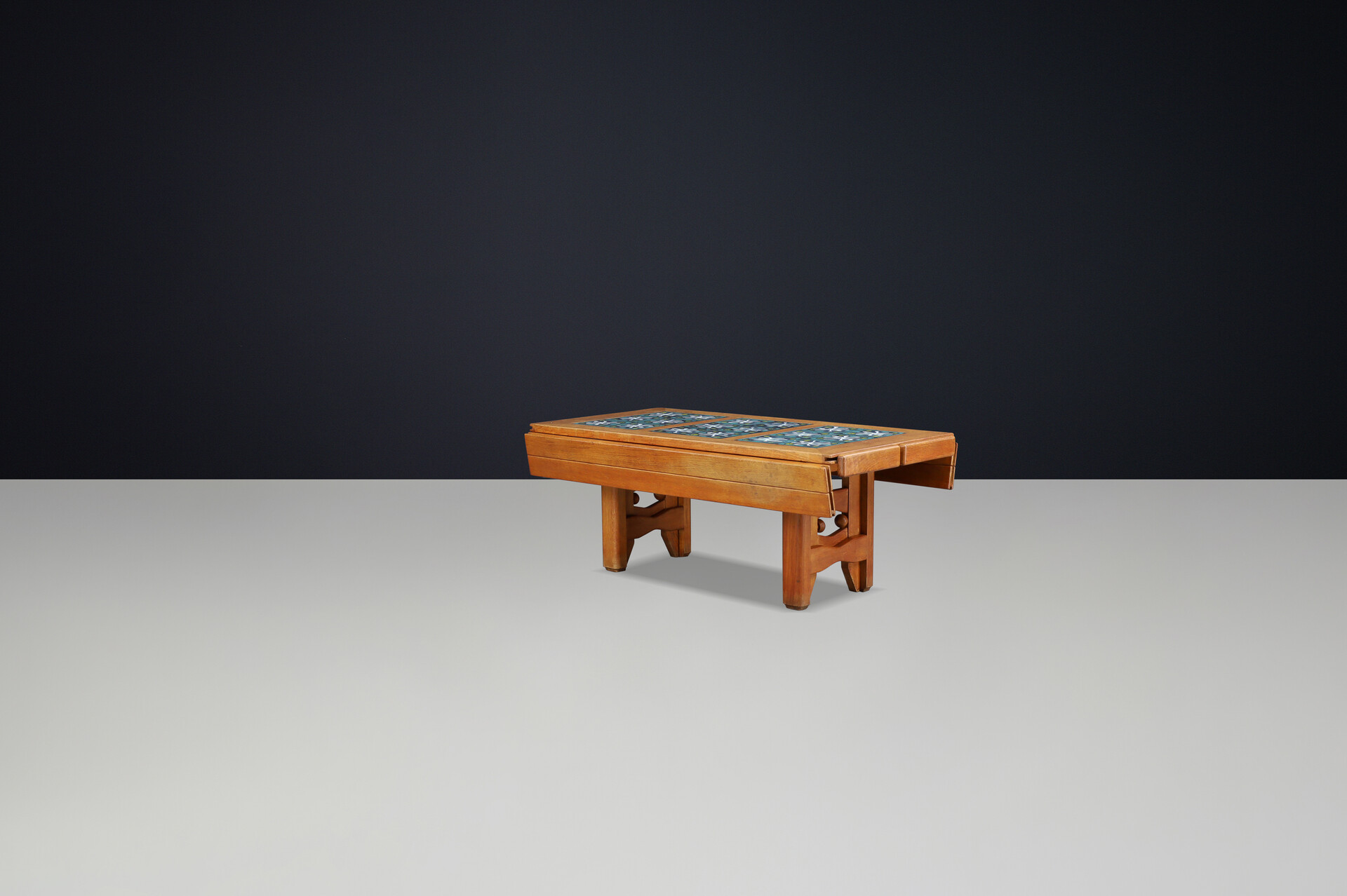 Mid century modern Guillerme et Chambron Oak and Tile Table with Extensions, France, 1960 Mid-20th century