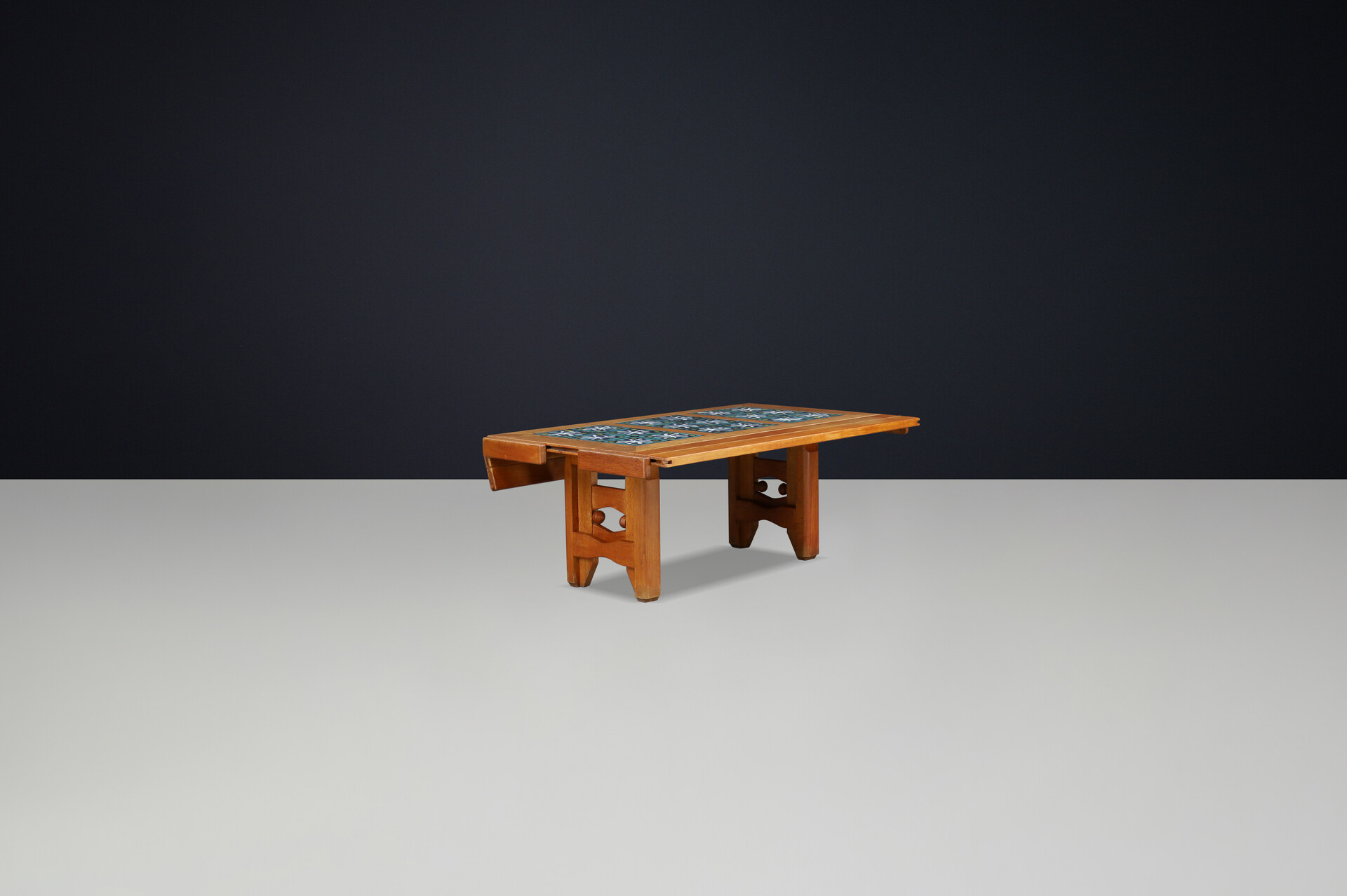 Mid century modern Guillerme et Chambron Oak and Tile Table with Extensions, France, 1960 Mid-20th century