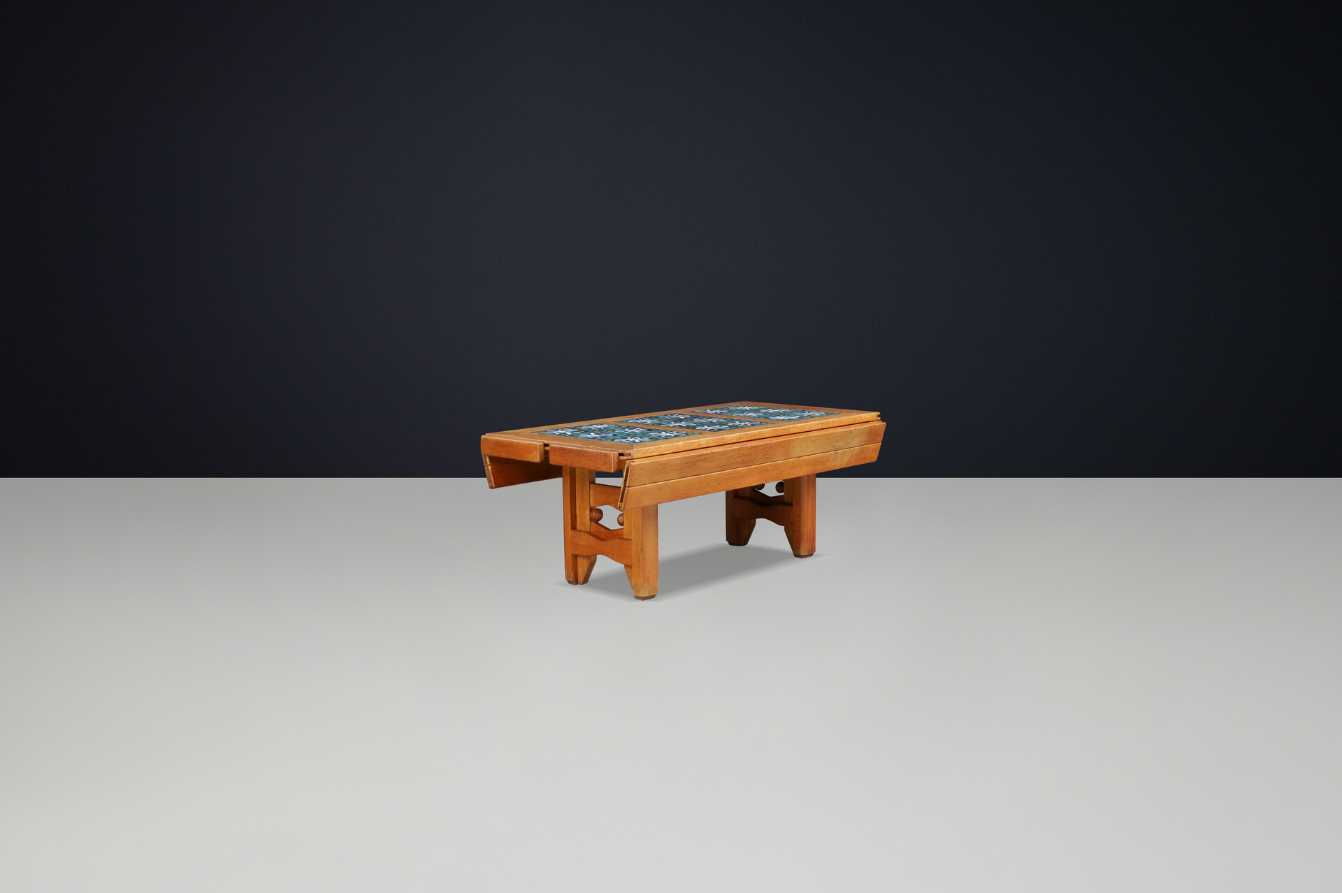 Mid century modern Guillerme et Chambron Oak and Tile Table with Extensions, France, 1960 Mid-20th century