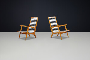 Mid century modern Highback Armchairs in Oak and canvas straps , France 1950s Mid-20th century