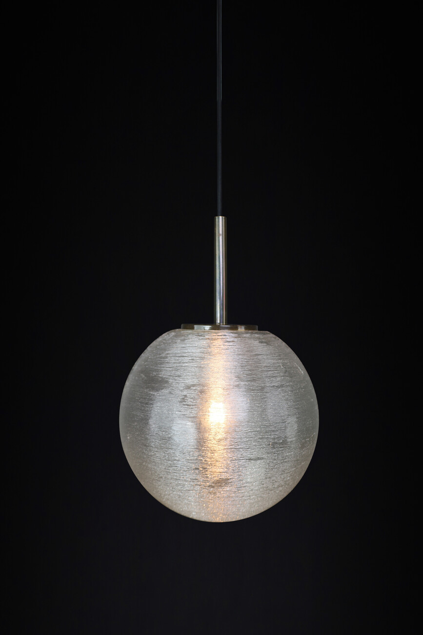 Mid century modern Ice glass and brass pendant by Kaiser Lights Germany 1950s Mid-20th century
