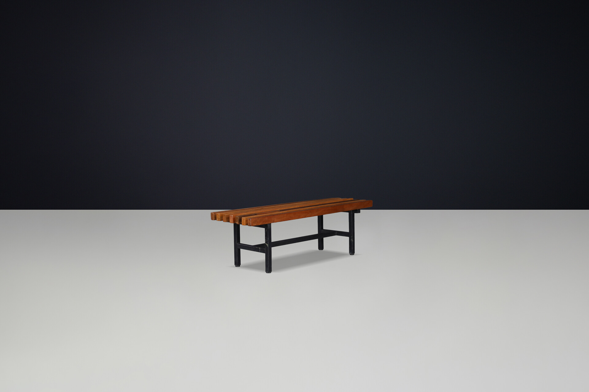 Mid century modern Italian metal and teak slatted bench,1960s Mid-20th century