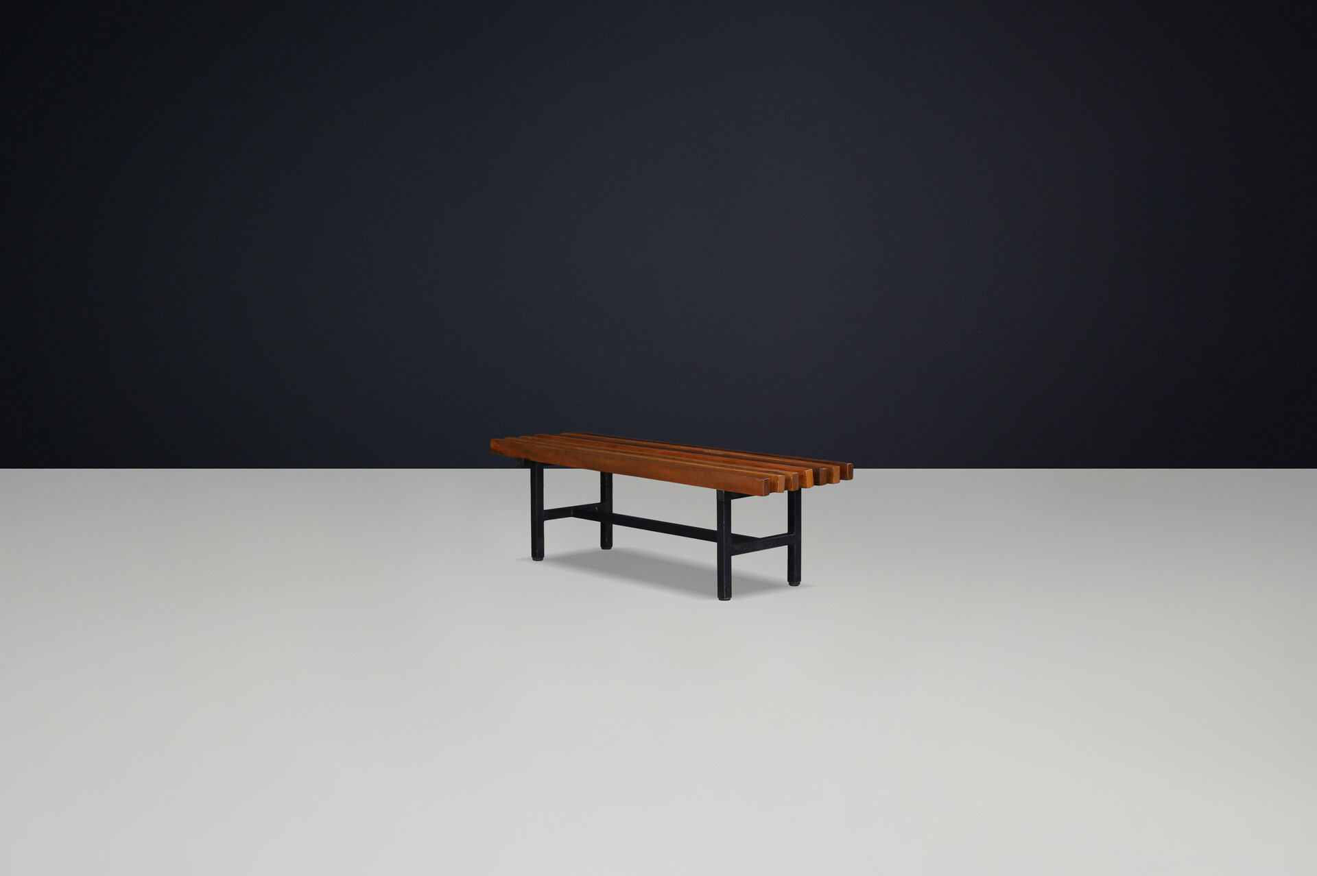 Mid century modern Italian metal and teak slatted bench,1960s Mid-20th century