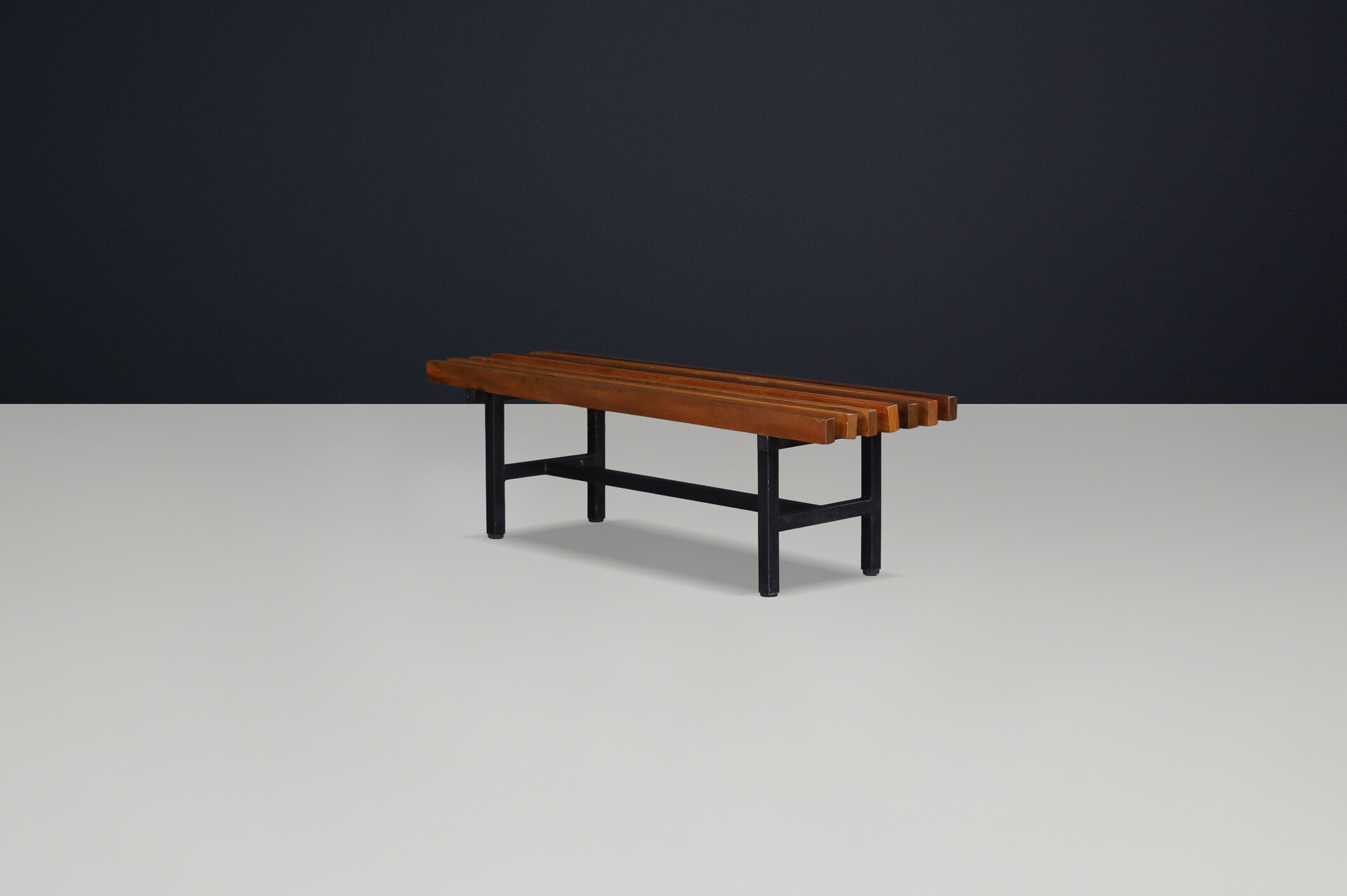 Mid century modern Italian metal and teak slatted bench,1960s Mid-20th century