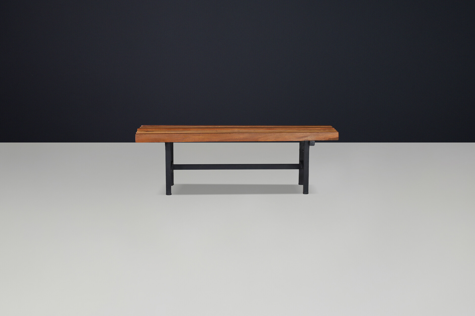 Mid century modern Italian metal and teak slatted bench,1960s Mid-20th century