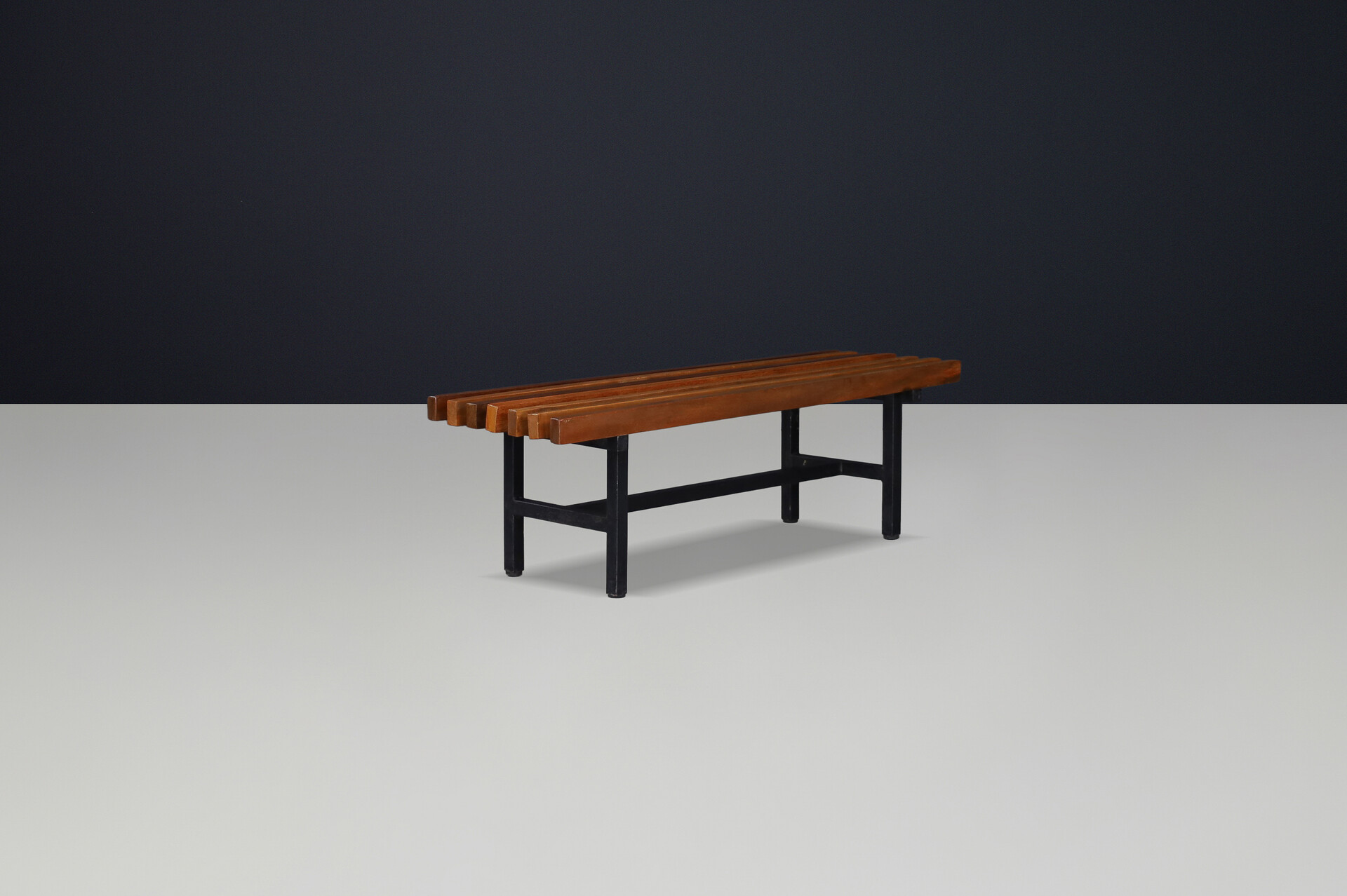 Mid century modern Italian metal and teak slatted bench,1960s Mid-20th century