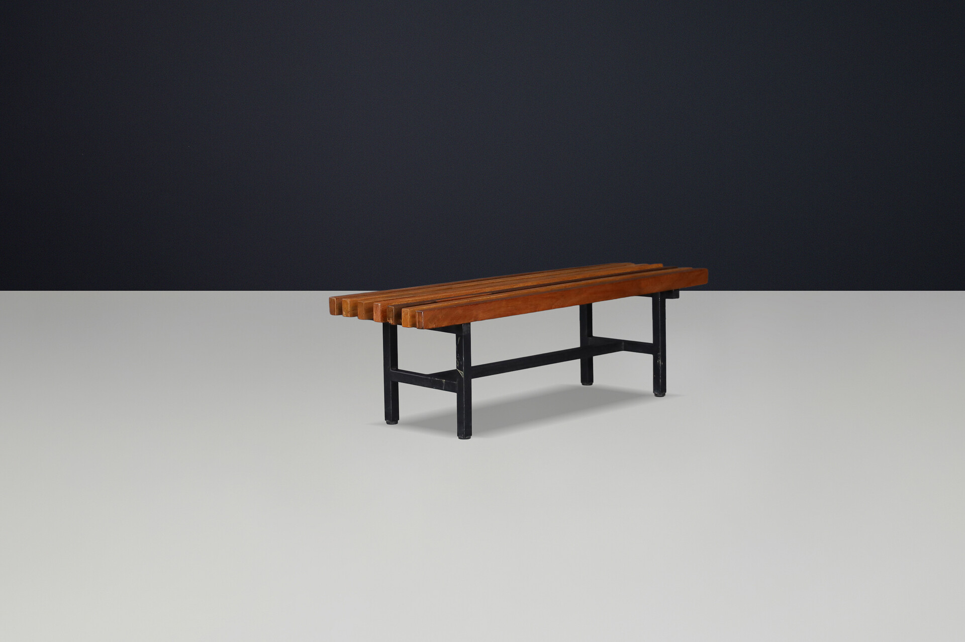 Mid century modern Italian metal and teak slatted bench,1960s Mid-20th century