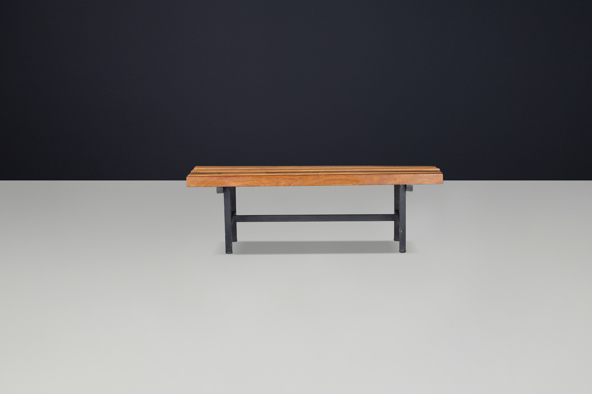 Mid century modern Italian metal and teak slatted bench,1960s Mid-20th century