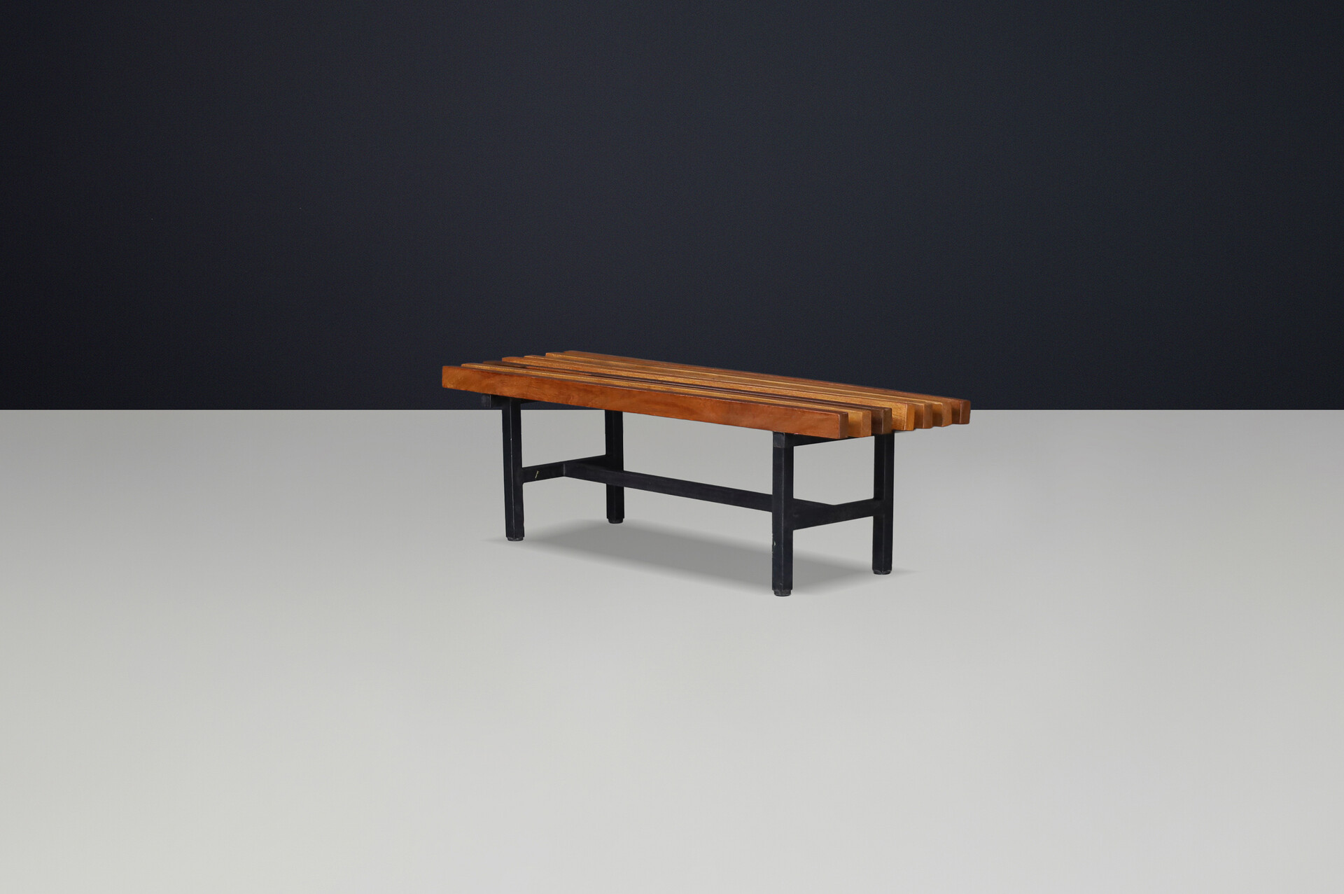 Mid century modern Italian metal and teak slatted bench,1960s Mid-20th century