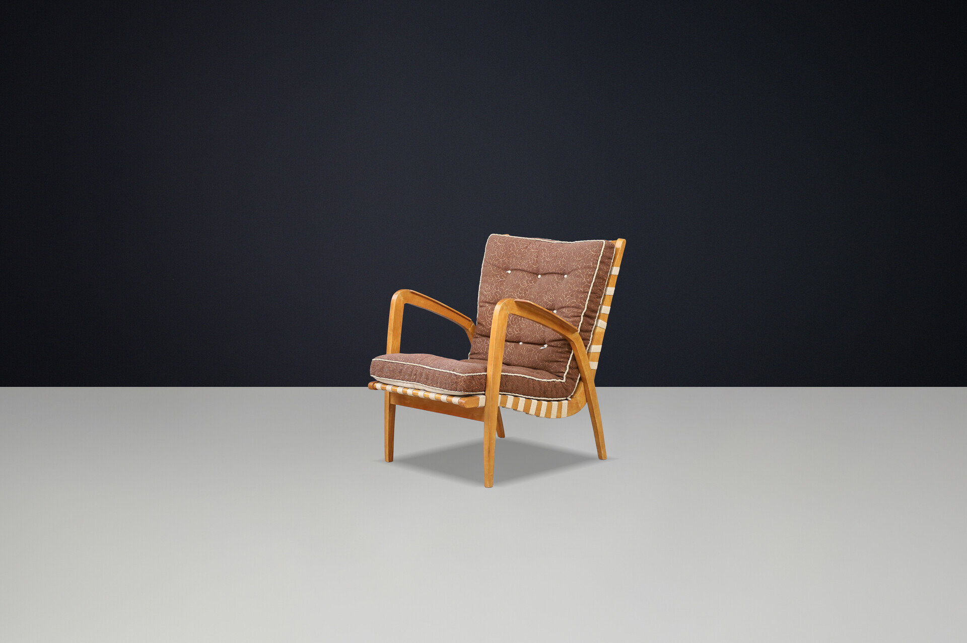 Mid century modern Jan Vanek Easy Chair in Oak ,Canvas and original upholstery , Praque 1930s Mid-20th century