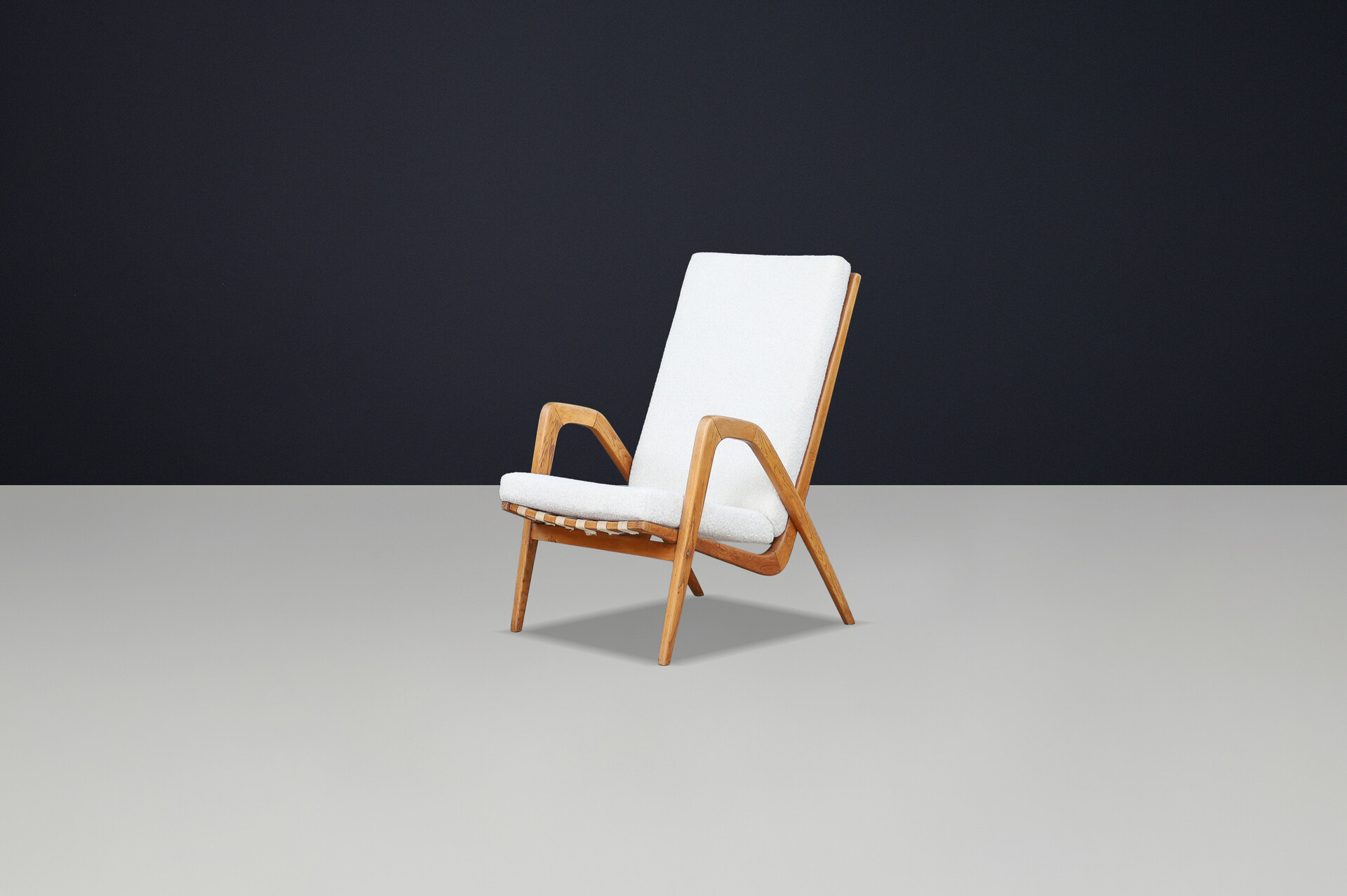 Mid century modern Jan Vanek Highback lounge-Arm chairs In Oak and new Boucle fabric 1940s Early-20th century