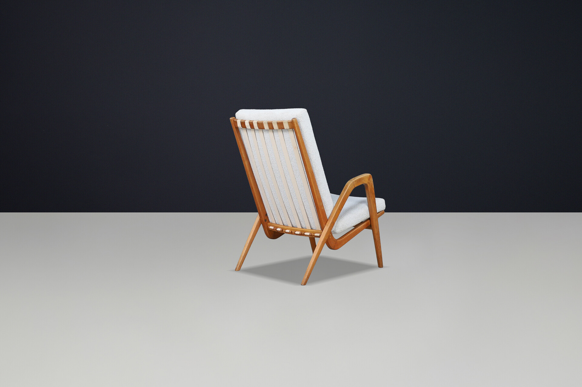 Mid century modern Jan Vanek Highback lounge-Arm chairs In Oak and new Boucle fabric 1940s Early-20th century