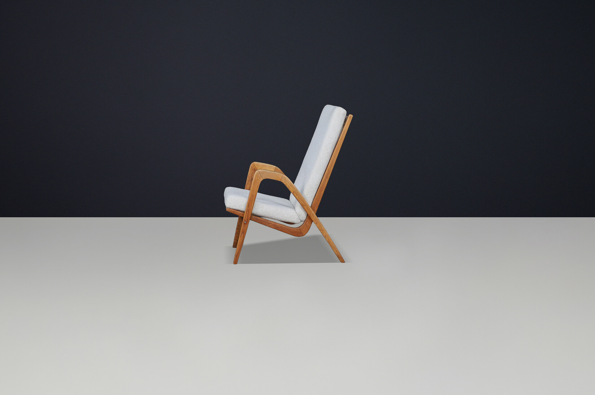 Mid century modern Jan Vanek Highback lounge-Arm chairs In Oak and new Boucle fabric 1940s Early-20th century