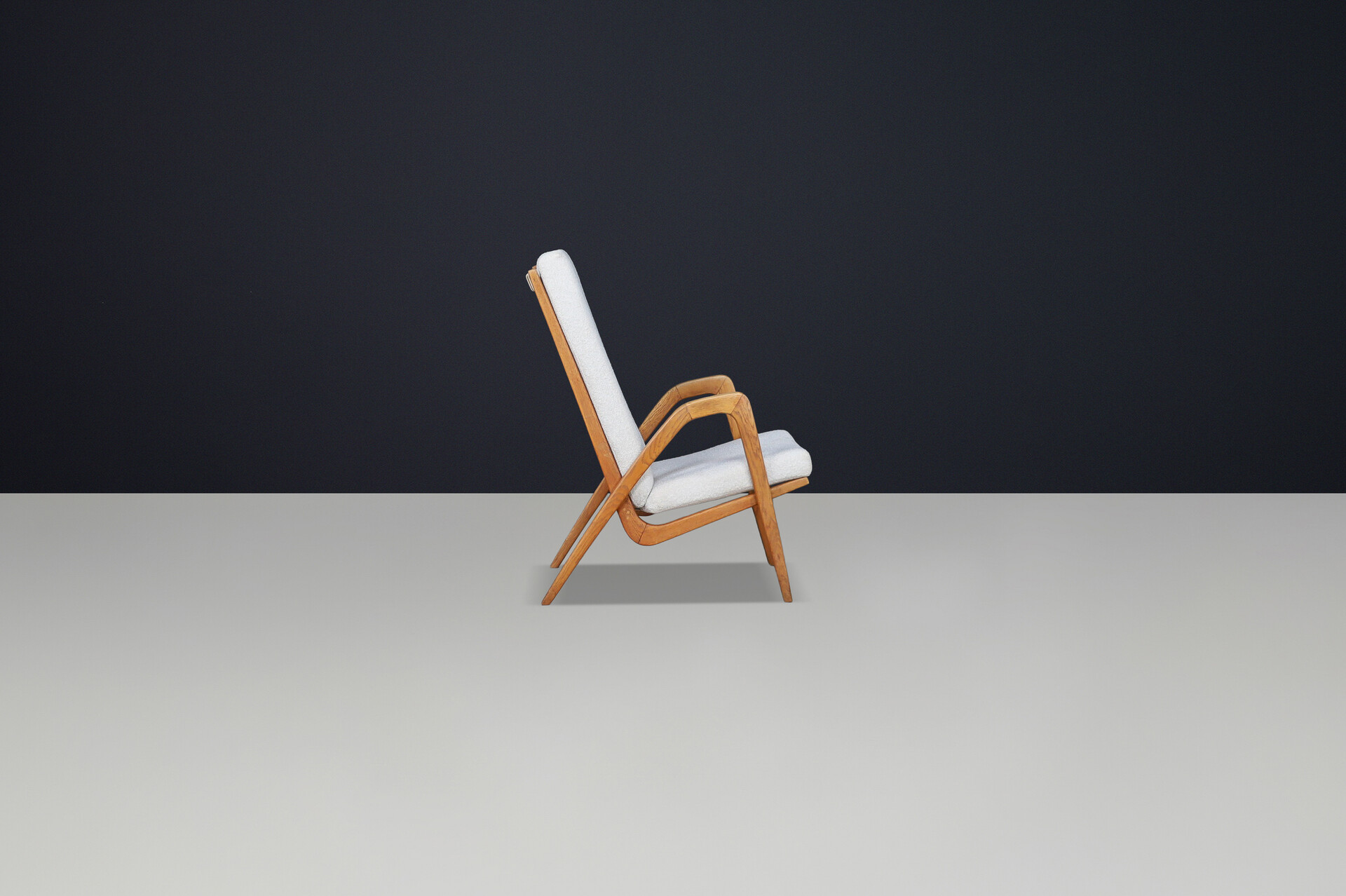 Mid century modern Jan Vanek Highback lounge-Arm chairs In Oak and new Boucle fabric 1940s Early-20th century