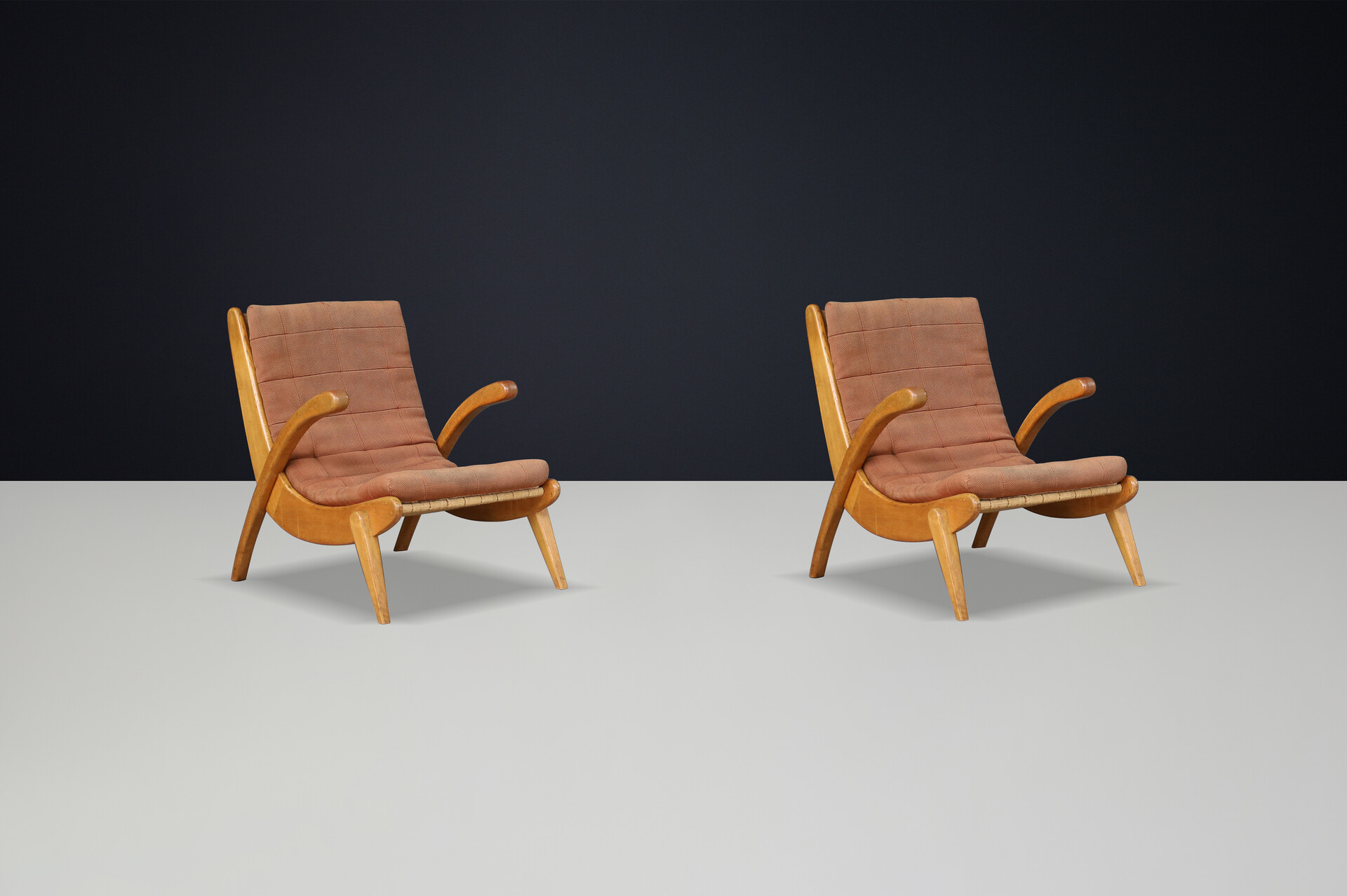 Mid century modern Jan Vanek's pair of two easy chairs curved oak, canvas and original upholstery, CZ 1960s Mid-20th century