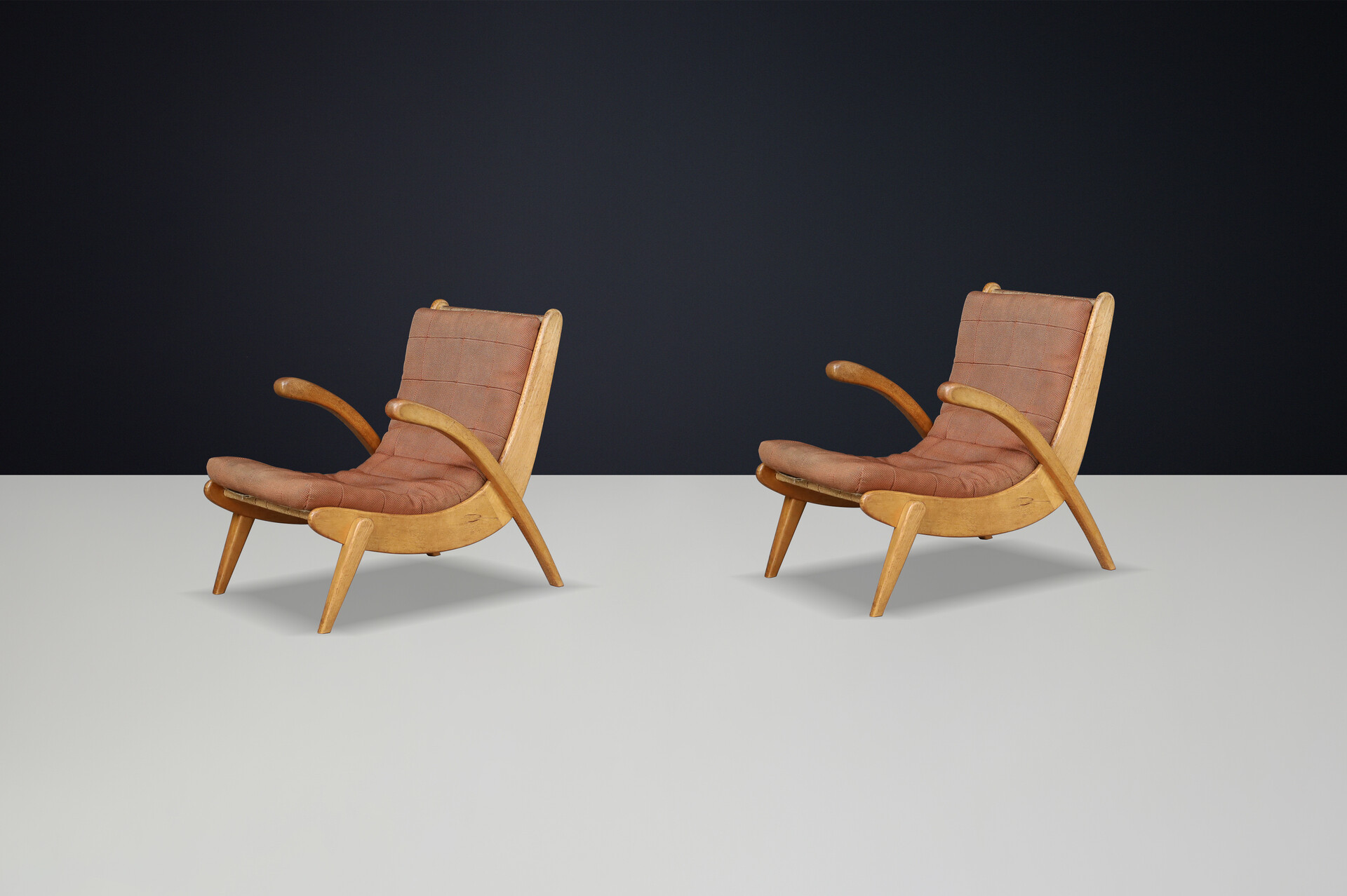Mid century modern Jan Vanek's pair of two easy chairs curved oak, canvas and original upholstery, CZ 1960s Mid-20th century