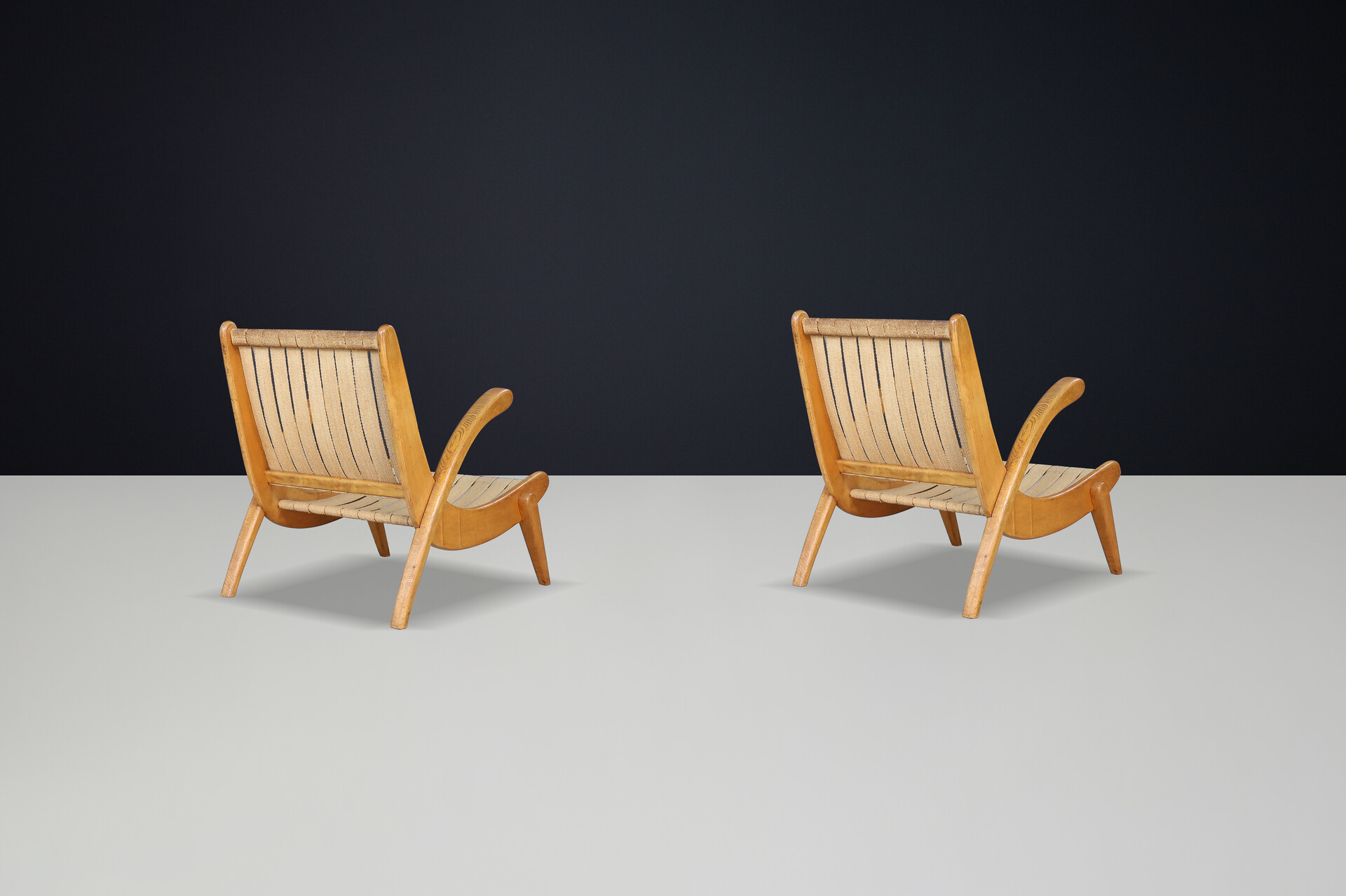 Mid century modern Jan Vanek's pair of two easy chairs curved oak, canvas and original upholstery, CZ 1960s Mid-20th century