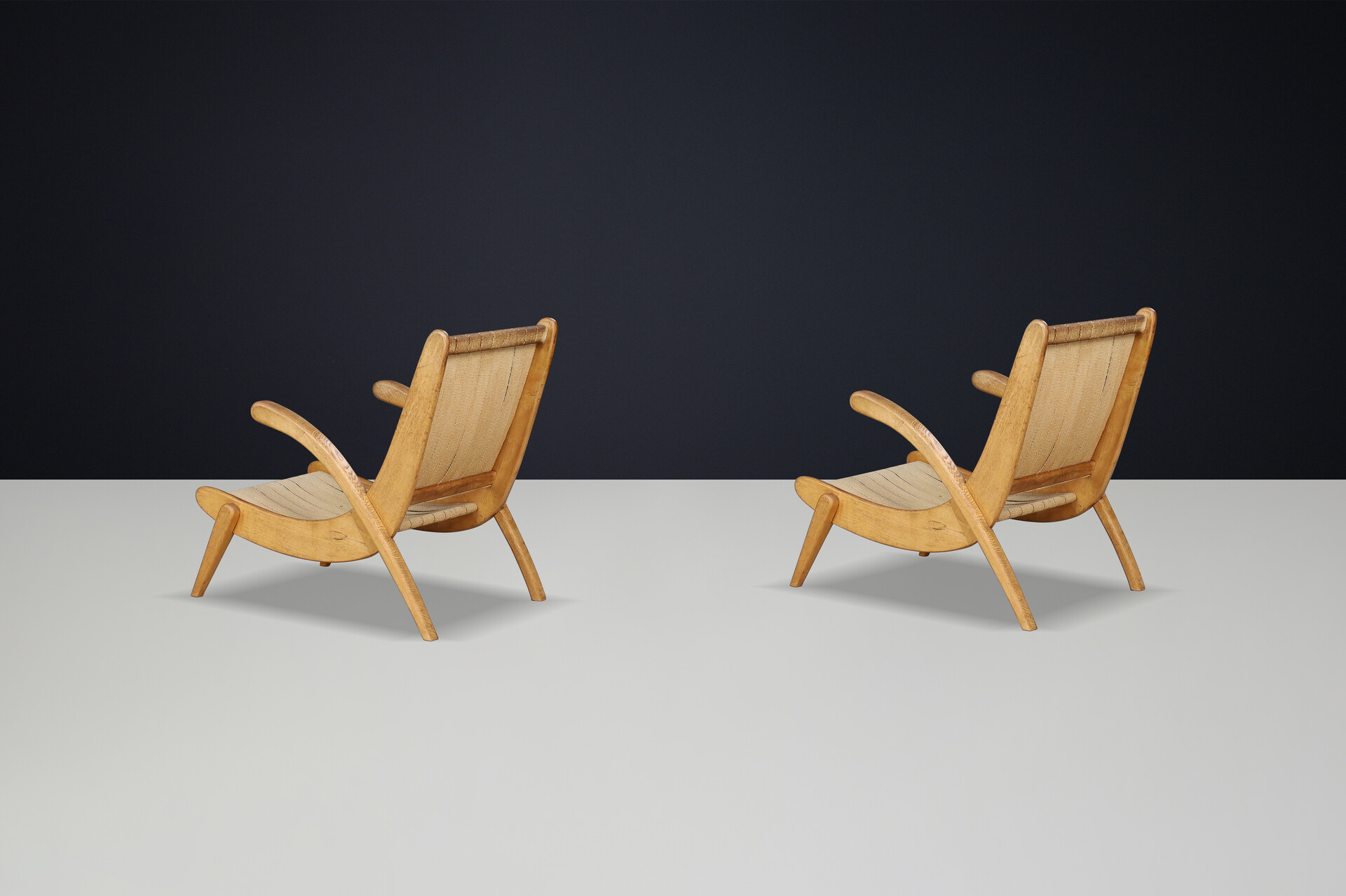 Mid century modern Jan Vanek's pair of two easy chairs curved oak, canvas and original upholstery, CZ 1960s Mid-20th century