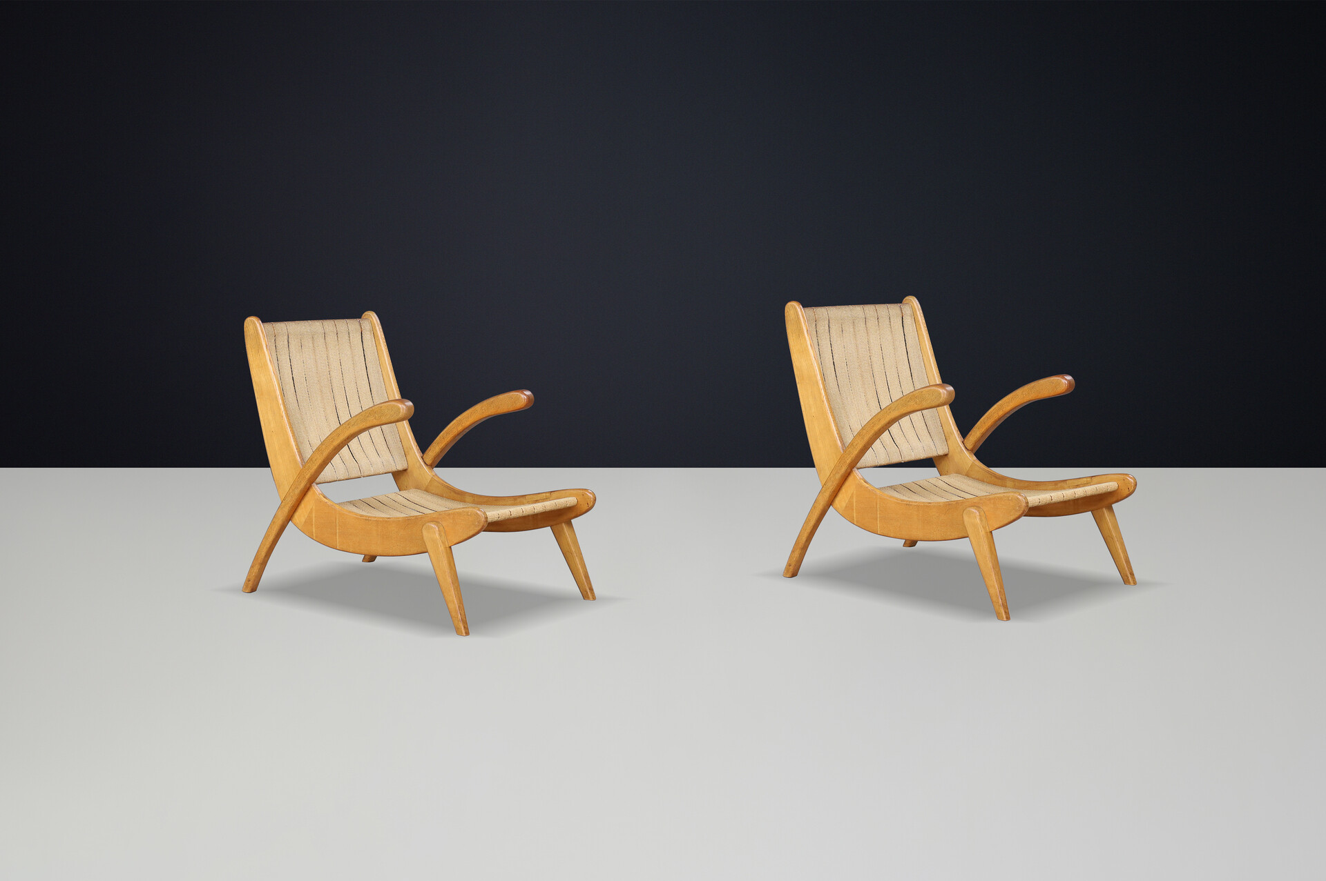 Mid century modern Jan Vanek's pair of two easy chairs curved oak, canvas and original upholstery, CZ 1960s Mid-20th century