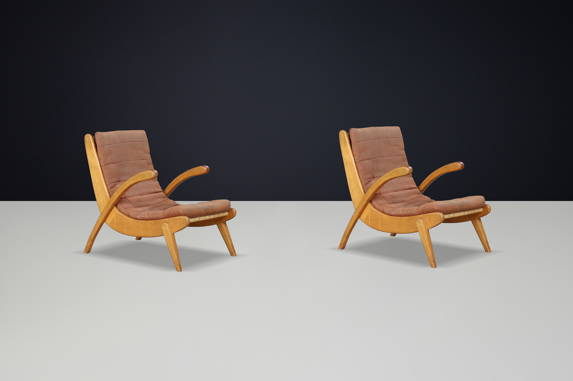 Mid century modern Jan Vanek's pair of two easy chairs curved oak, canvas and original upholstery, CZ 1960s Mid-20th century