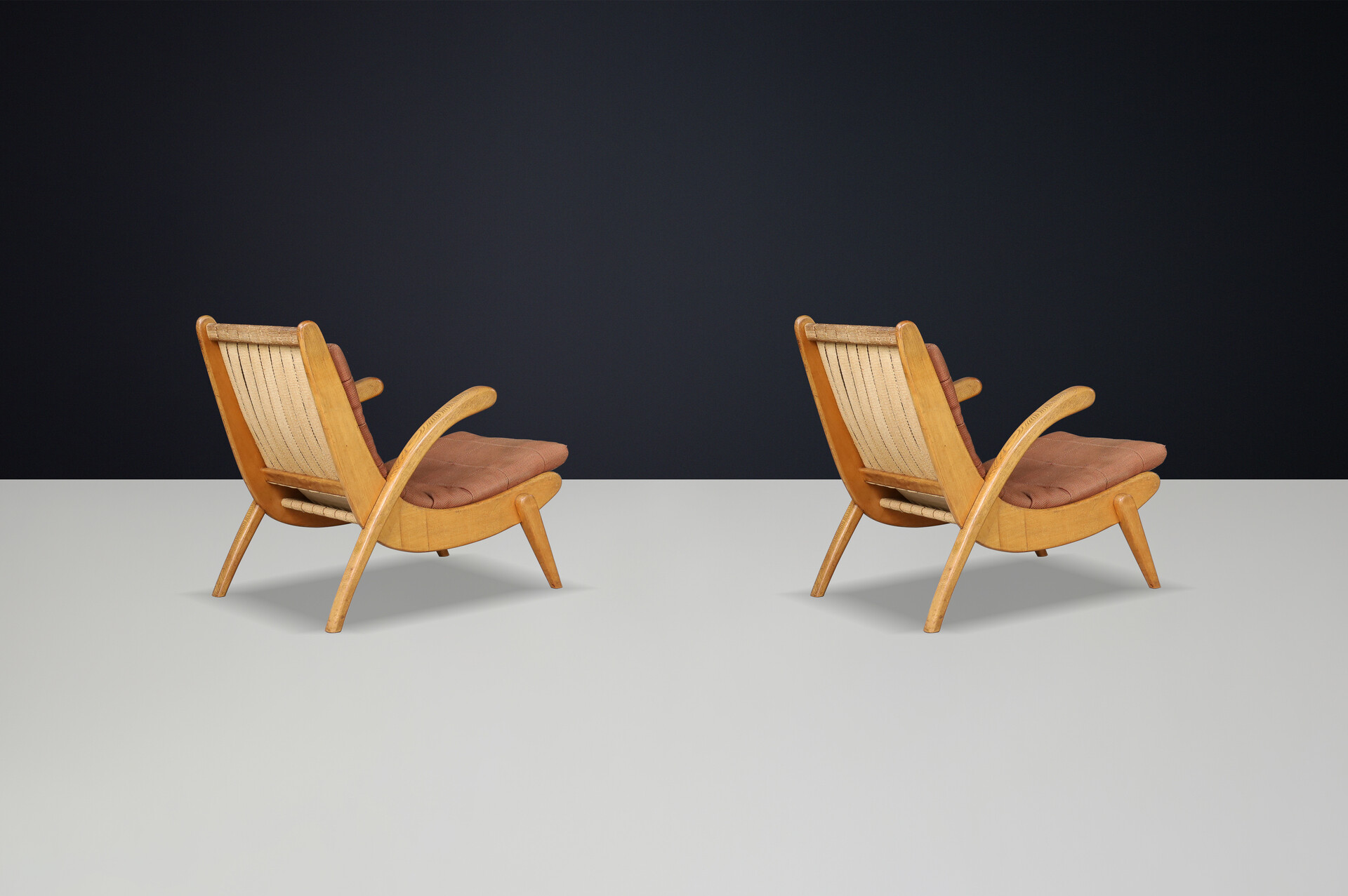 Mid century modern Jan Vanek's pair of two easy chairs curved oak, canvas and original upholstery, CZ 1960s Mid-20th century