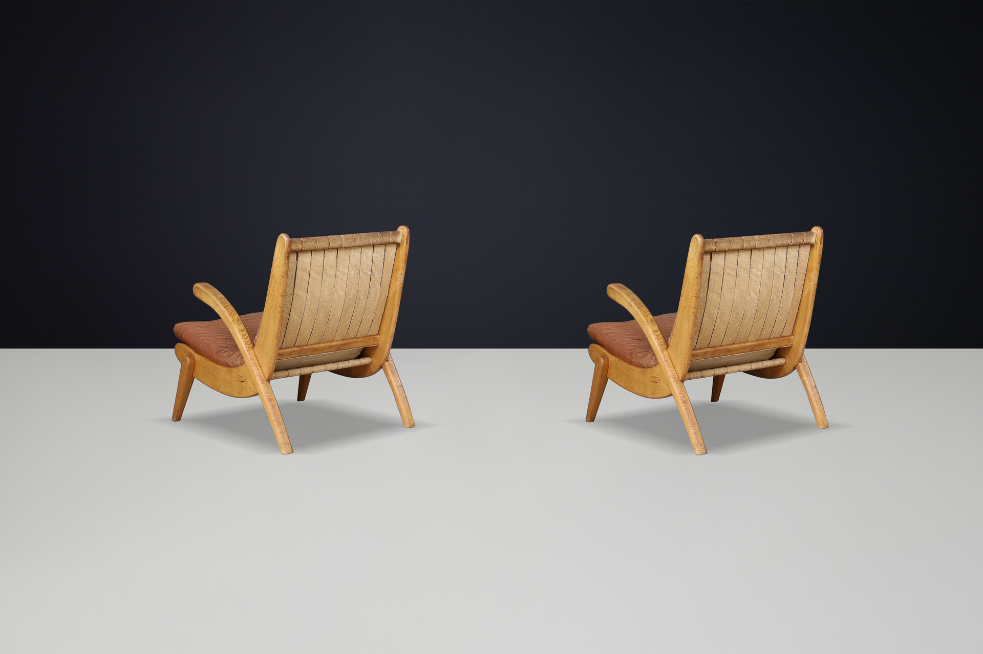Mid century modern Jan Vanek's pair of two easy chairs curved oak, canvas and original upholstery, CZ 1960s Mid-20th century