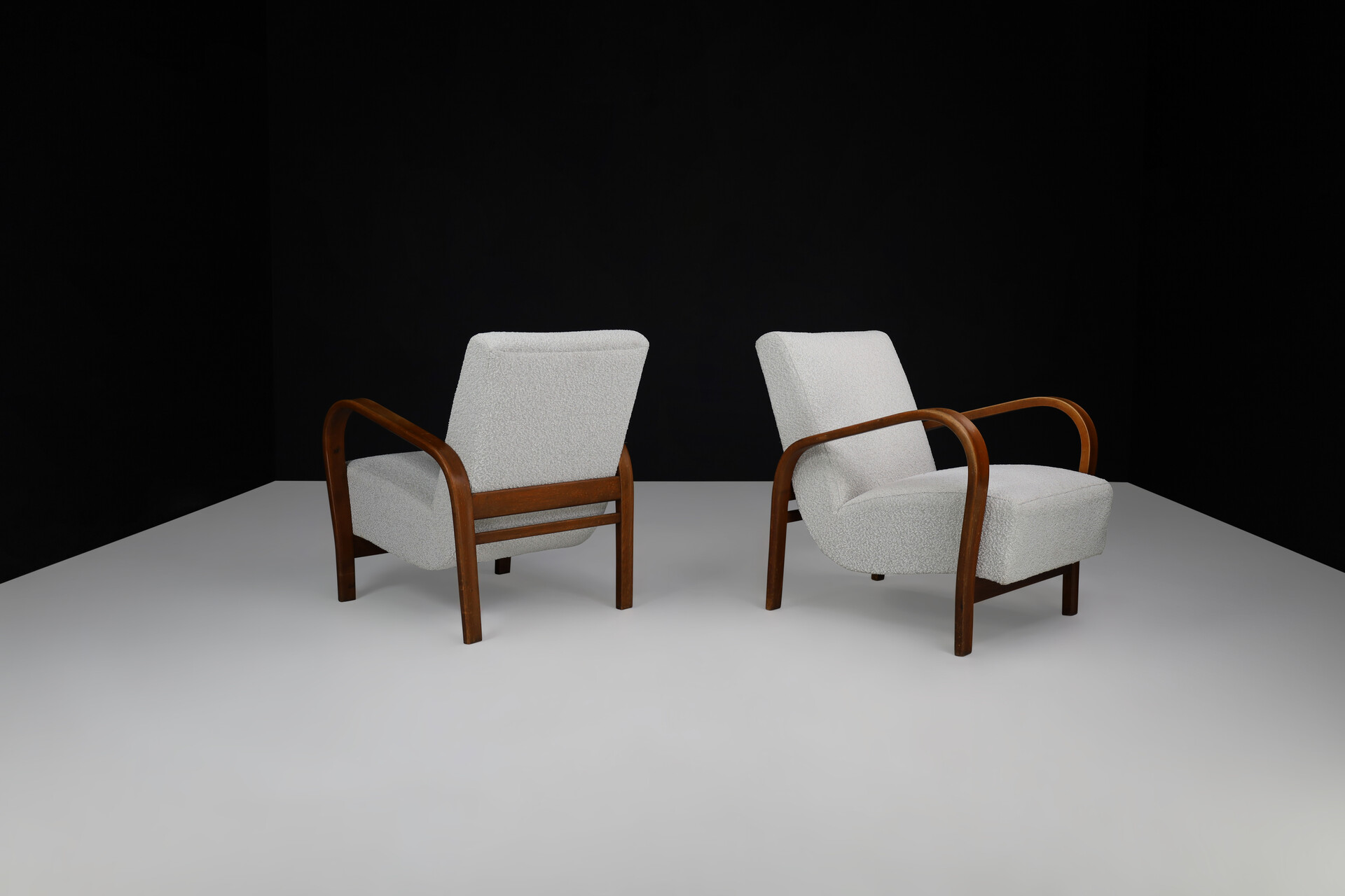 Mid century modern Karel Koželka & Antonín Kropácek Bentwood Armchairs in Re-Upholstered in Bouclé, 1950s Mid-20th century